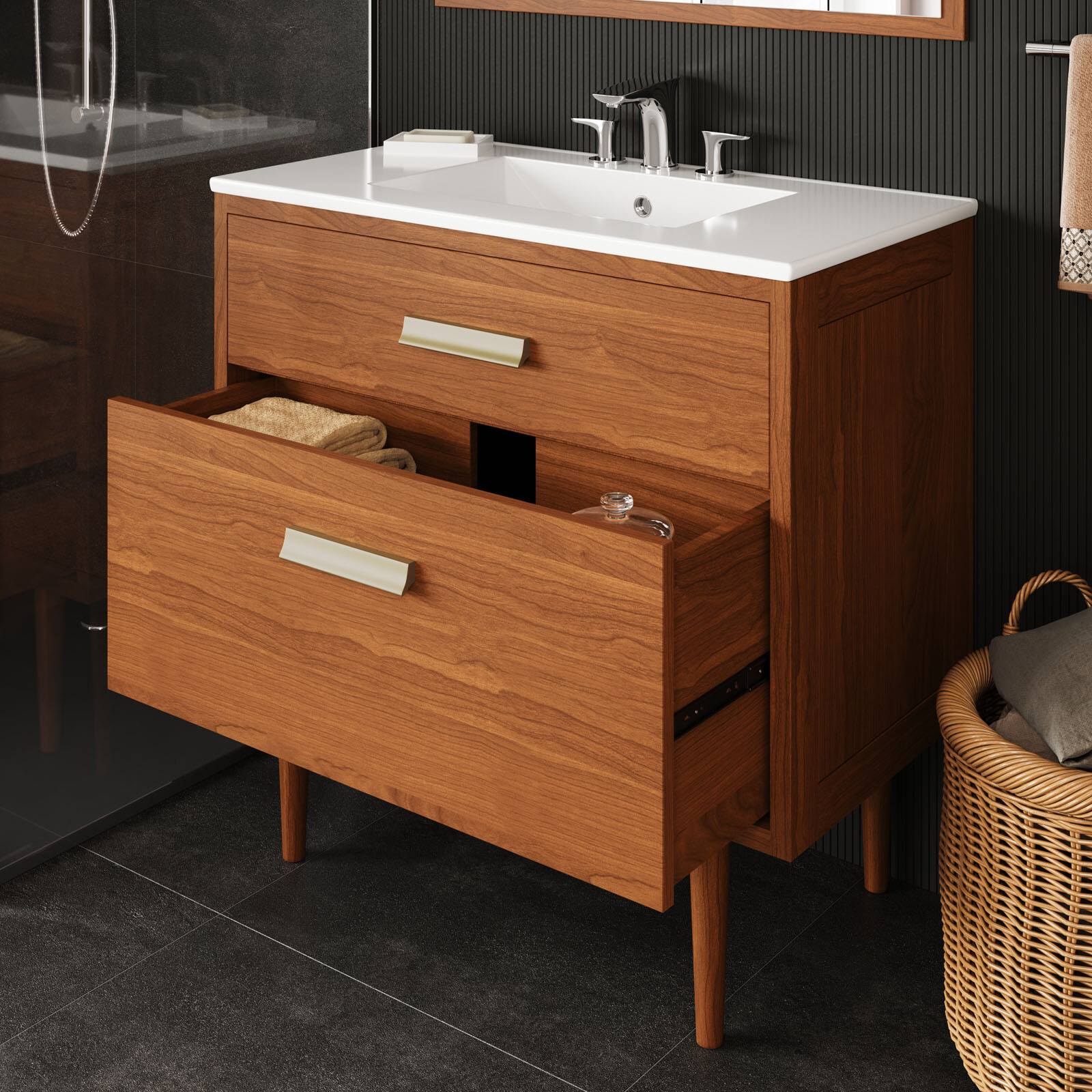Modway Cassia 36″ Teak Wood Bathroom Vanity in Natural White