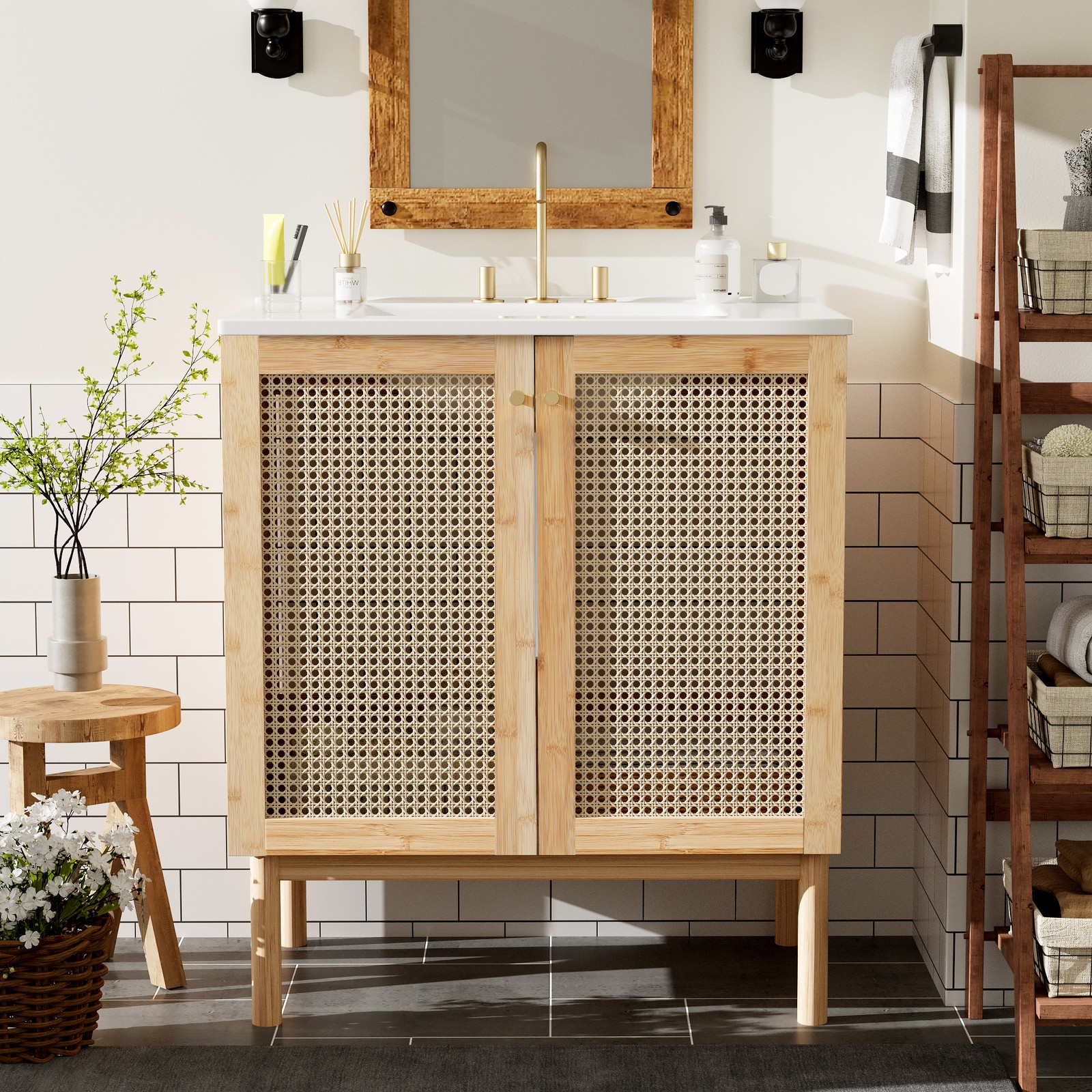 30 Inch Bathroom Vanity with Rattan Doors & Ceramic Basin