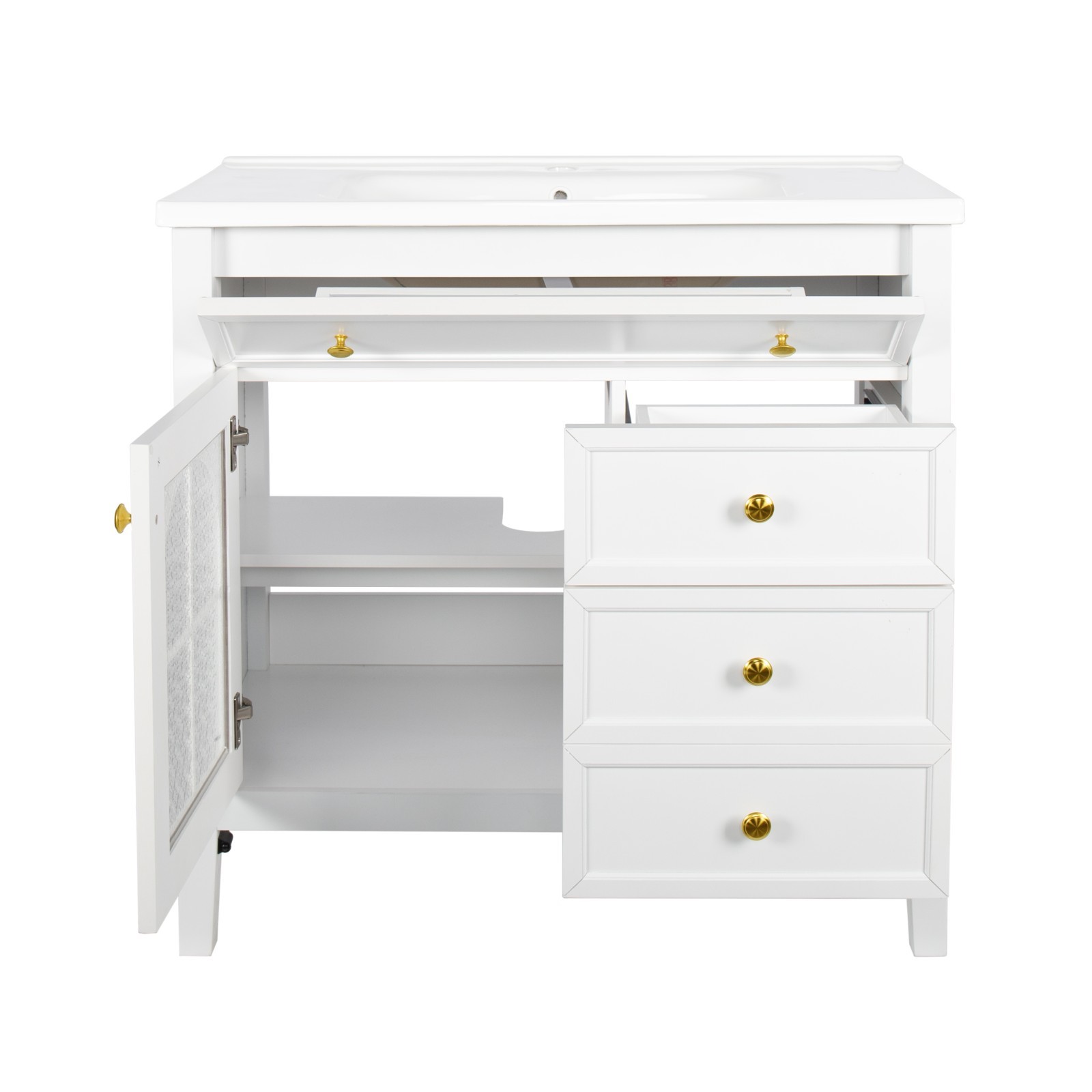 35.6″ Bathroom Vanity Storage Cabinet w/ Ceramic Sink Glass Motion Sensor Light