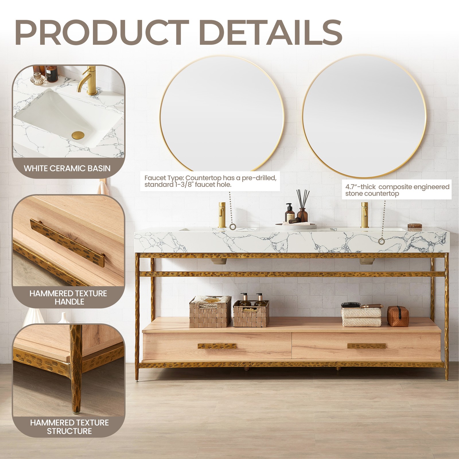 Dhaka 72″ Double Vanity in Yellow Bronze Metal Support with Composite Stone Top