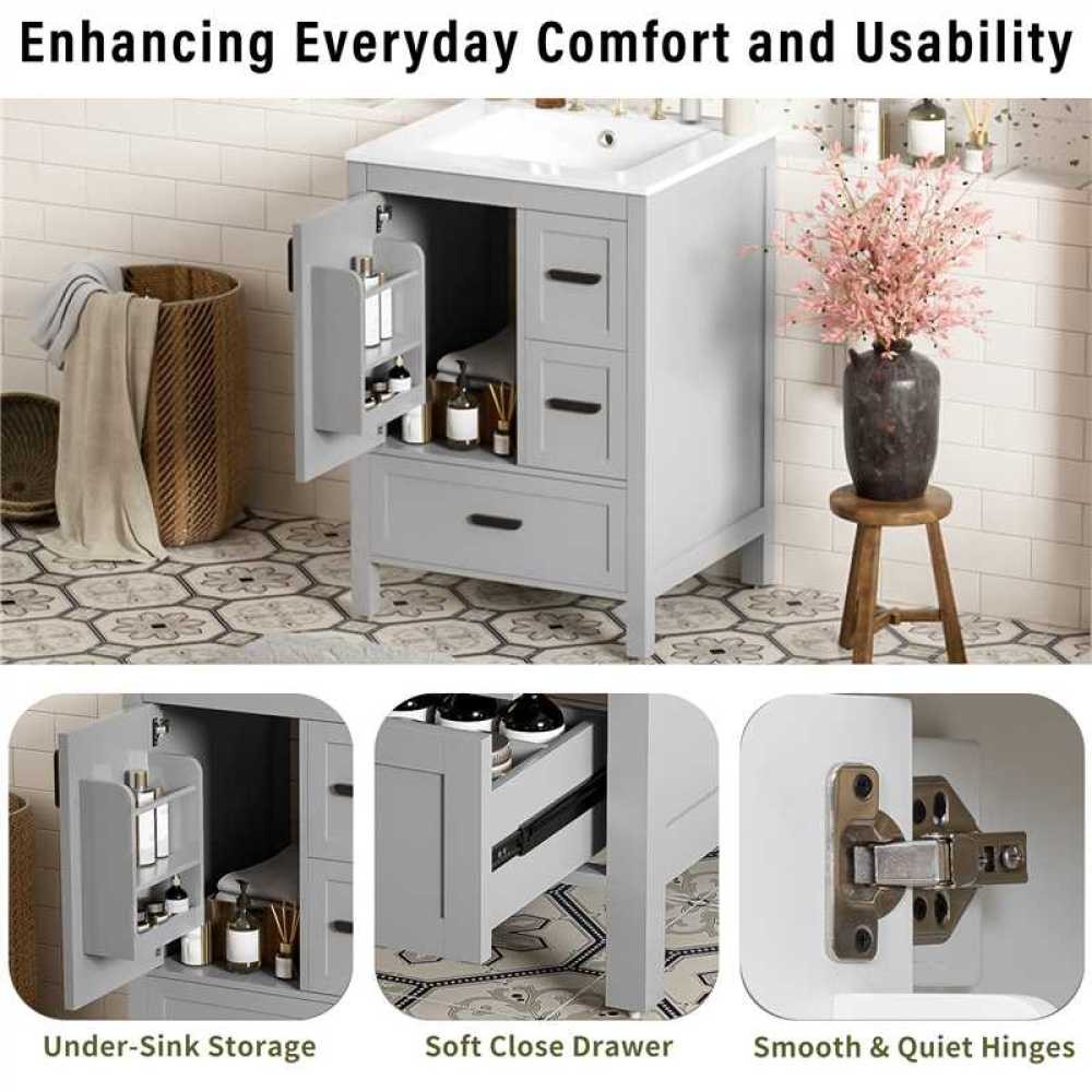Bathroom vanity with sink Features double-door cabinet Includes three drawers