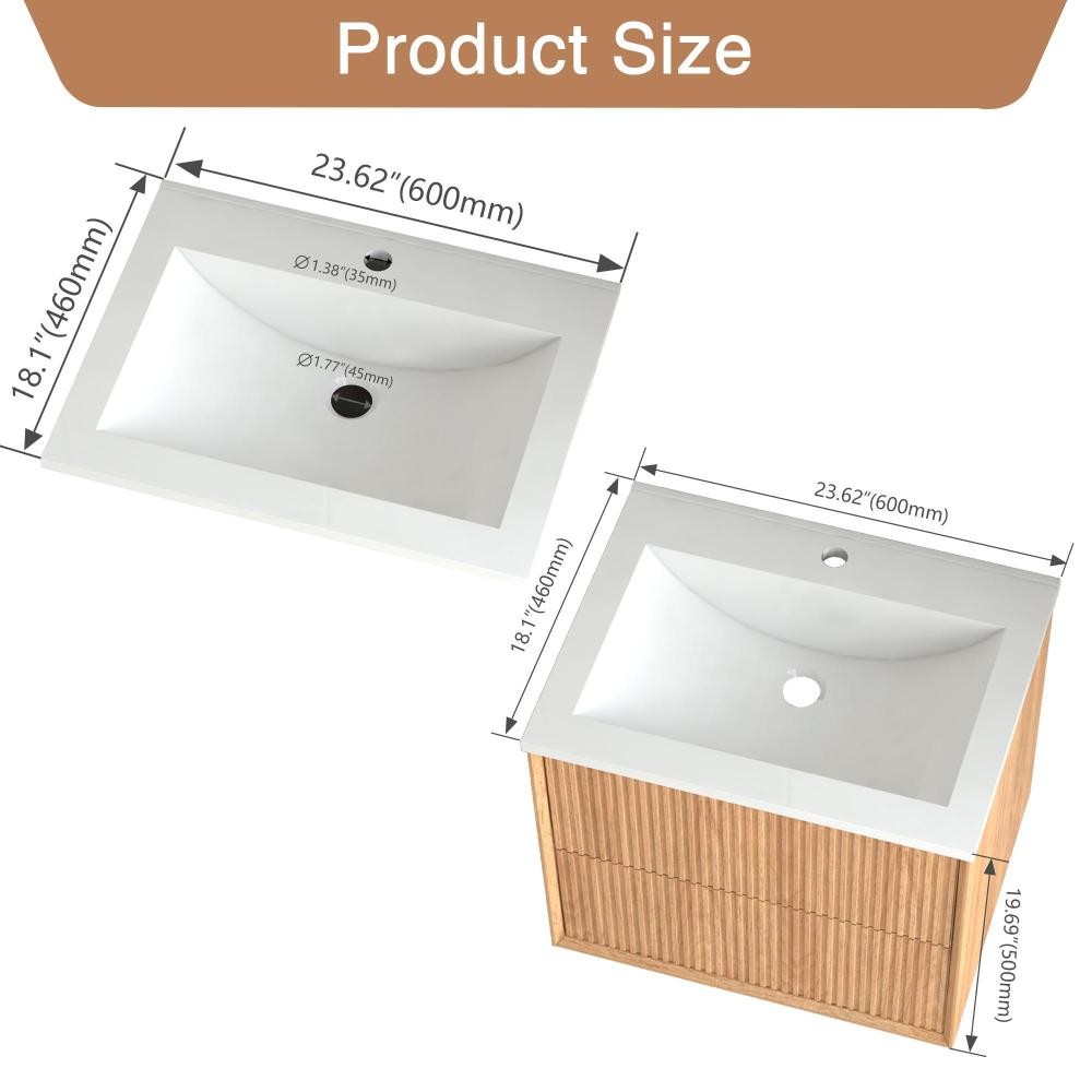 24 Inch Walnut Floating Bathroom Vanity Wall Mounted Solid Wood Cabinet