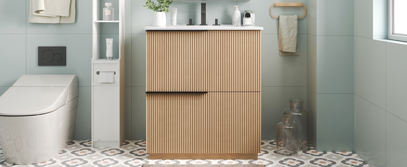 30″ Bathroom Vanity with Ceramic Sink, Soft Close Drawers, Fluted Design
