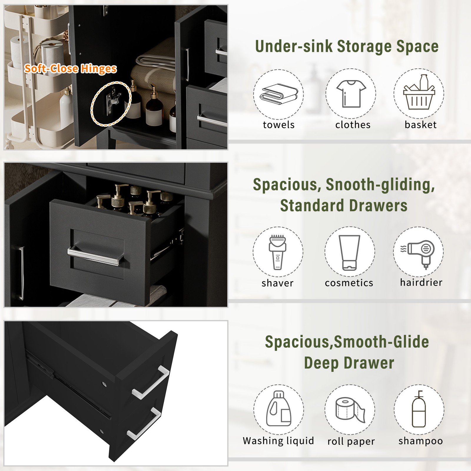 30″ Bathroom Vanity with Ceramic Sink, Soft-Close Doors & Drawers