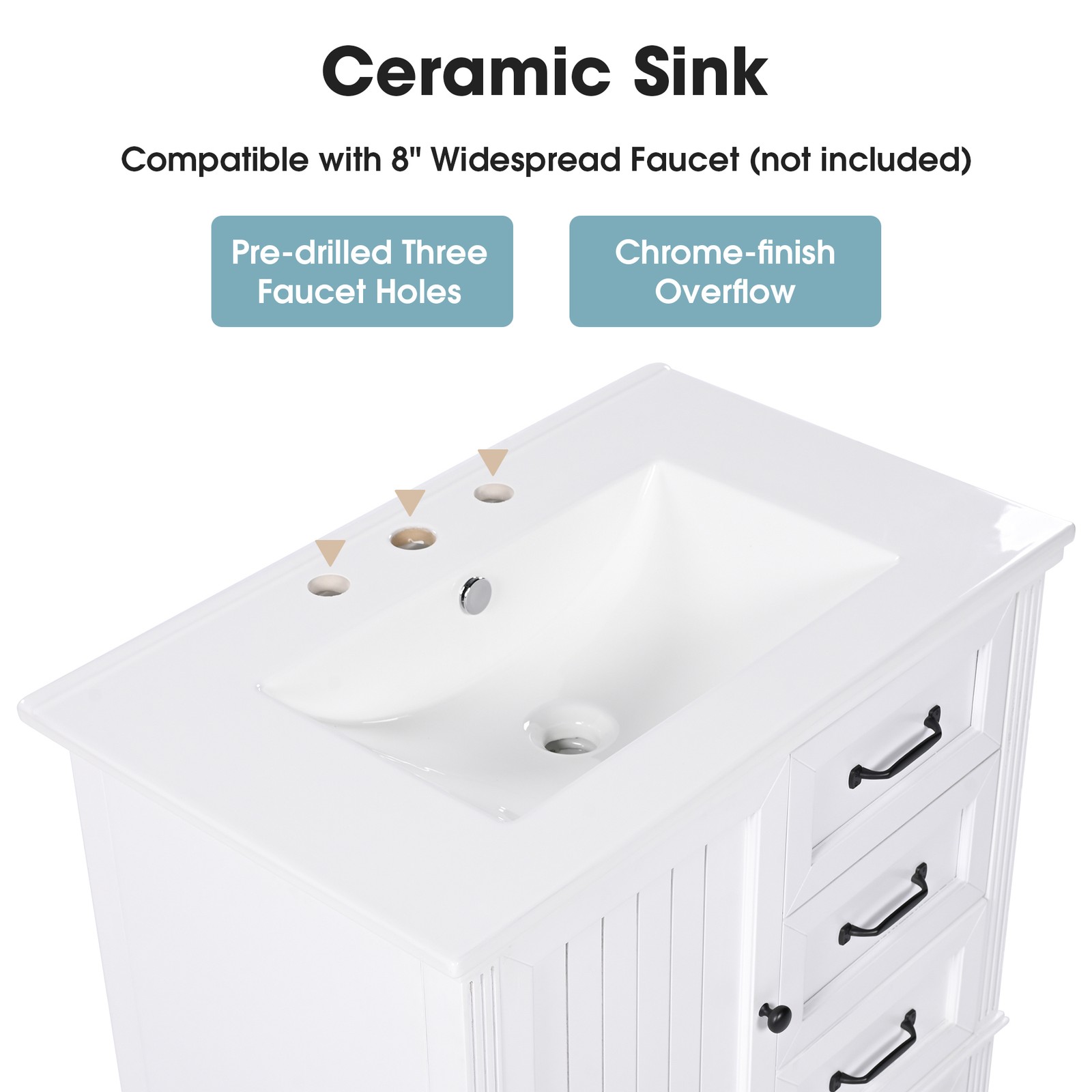 30″ Bathroom Vanity with Sink, Bathroom Cabinet with A Door, Three Drawers White