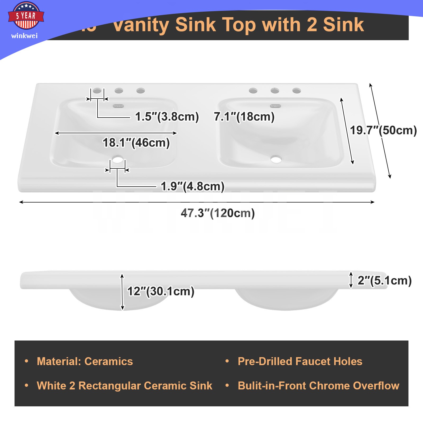 47.3″ Grey Bathroom Vanity Vanity Top Double Sink Ceramic 5 Drawer Freestanding