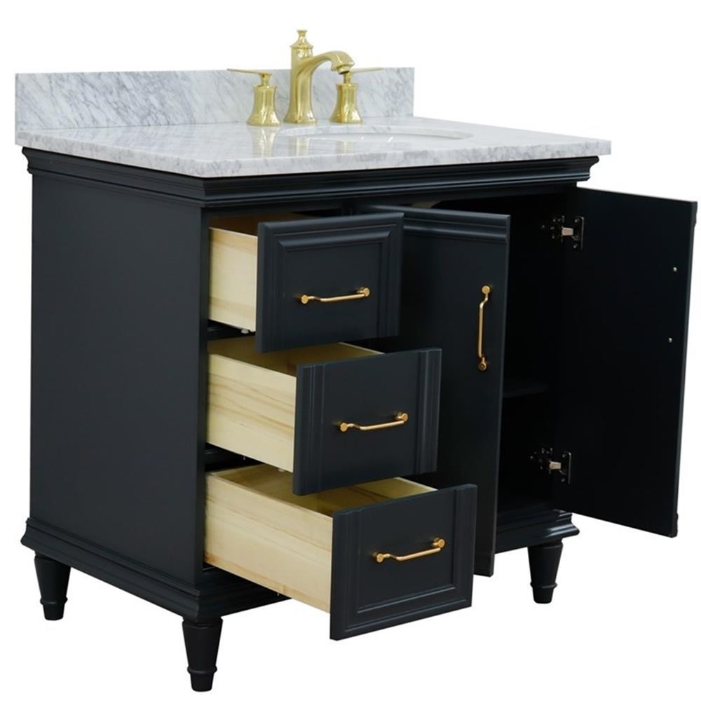 37 in. Single Wooden Vanity Dark Gray White Carrara Oval Right Door.Right Sink