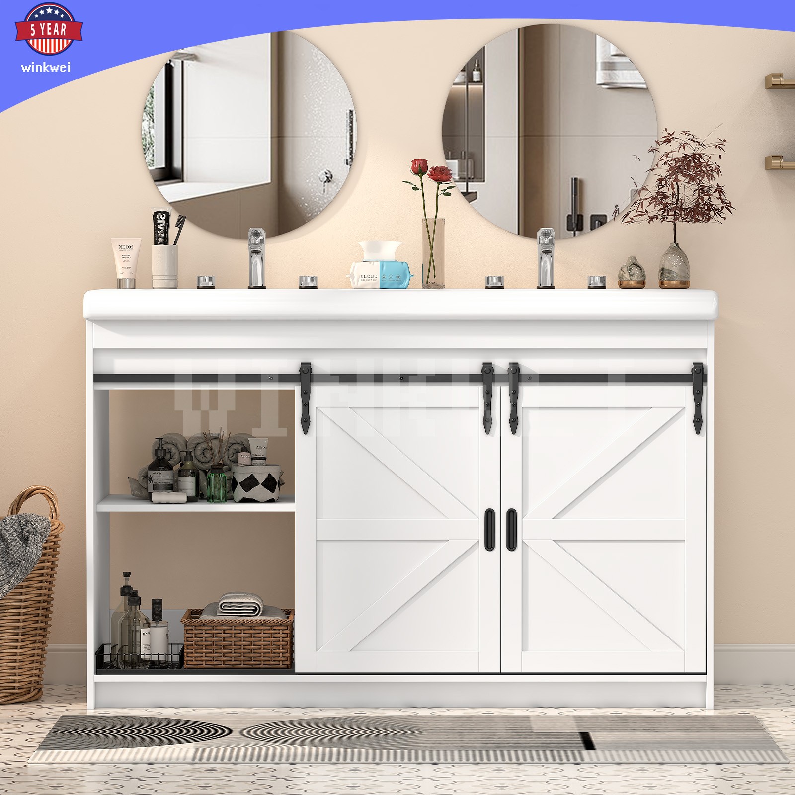 47.3″ Bathroom Vanity w/2 Ceramic Sink Cabinet w/Sliding Doors ,2 Drawers White
