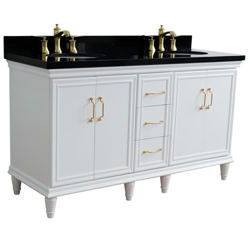 61 in. Double Wooden Vanity White Black Galaxy Granite Oval Sink