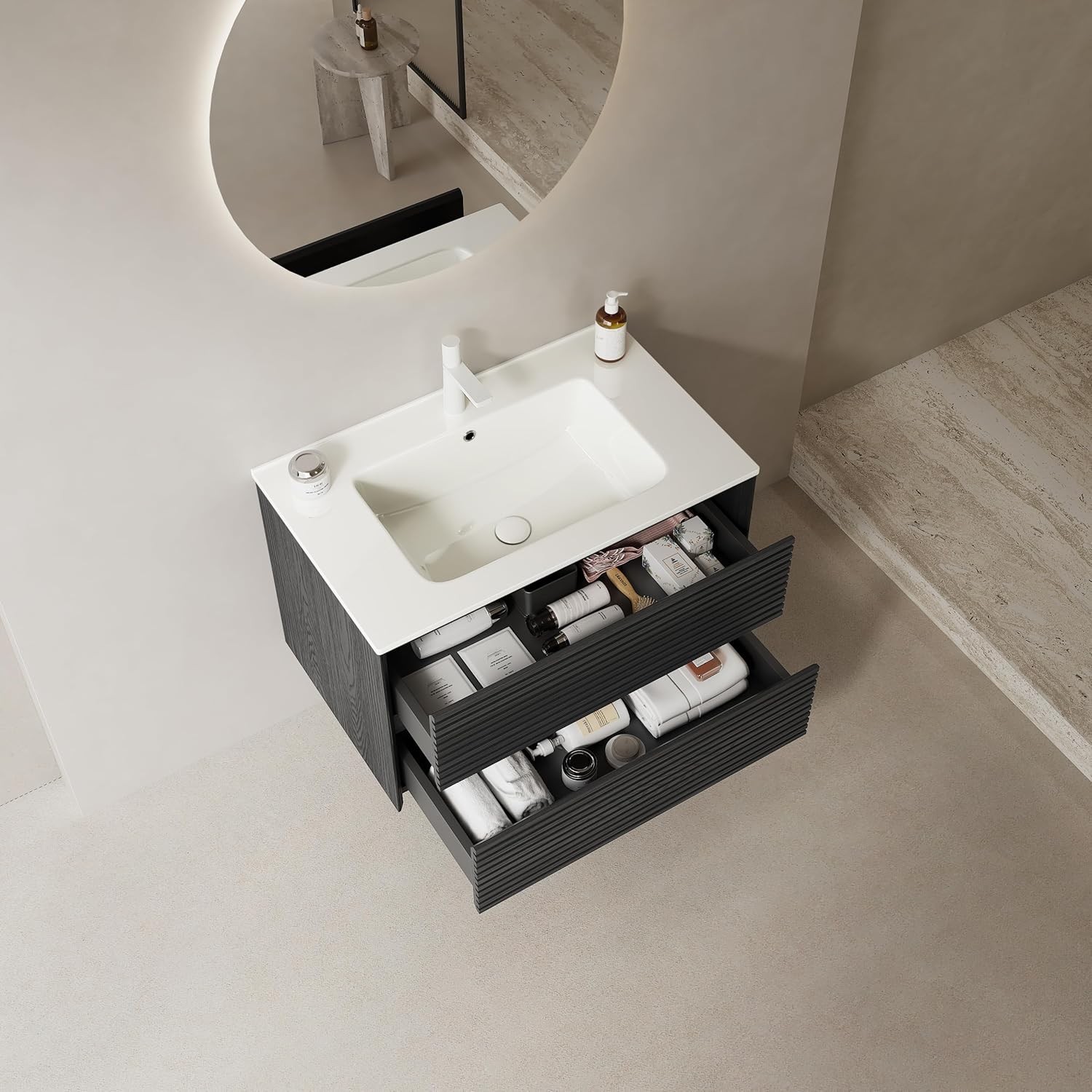 24″ 30″ 36″ Wall Mounted Bathroom Vanity w/Ceramic Sink,2 Drawer Floating Vanity
