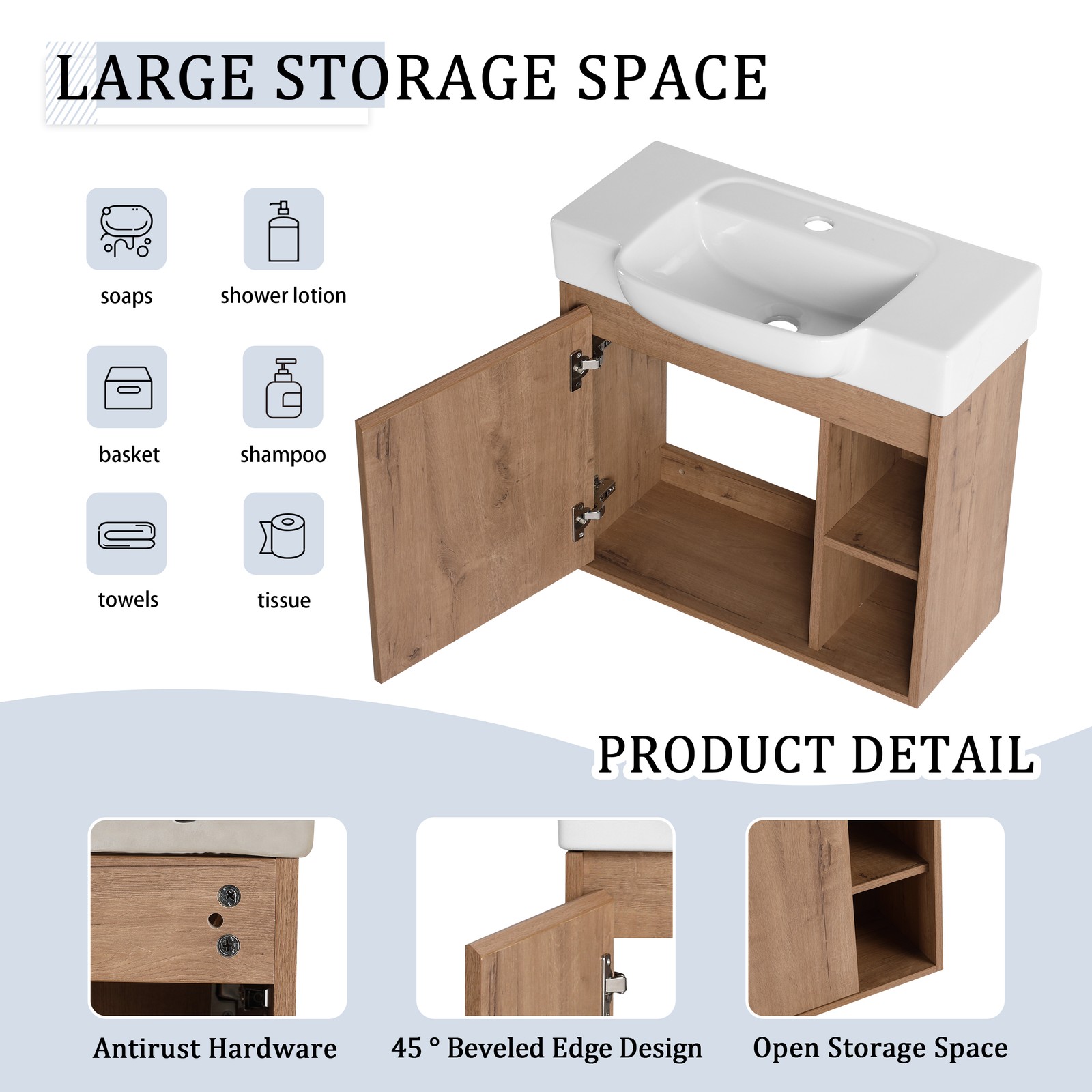24 Inch Wall-Mounted Bathroom Vanity with White Ceramic Sink