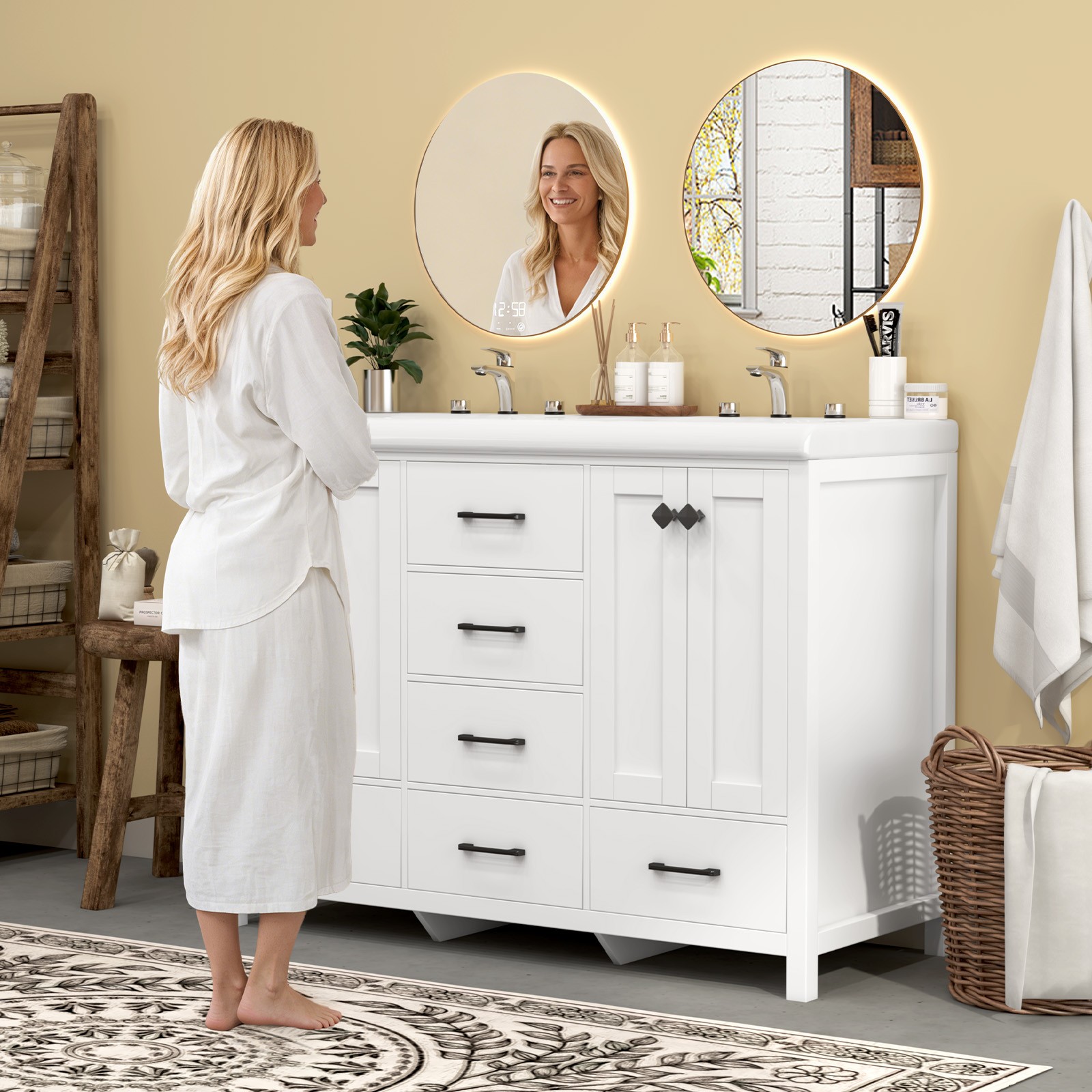 47″ White Bathroom Vanity Storage Cabinet with Double Ceramic Sink Freestanding