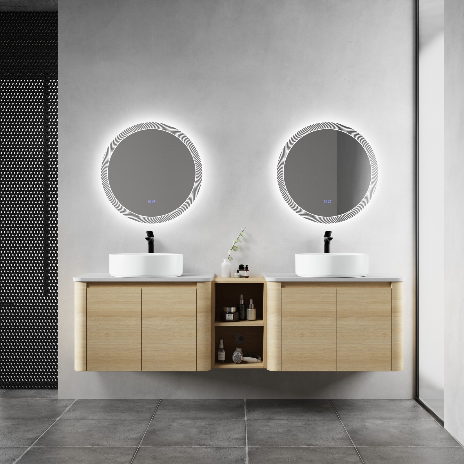 72″ Floating Bathroom Vanity W/ 2 White Ceramic Sink Stone Slab Top+Open Shelves