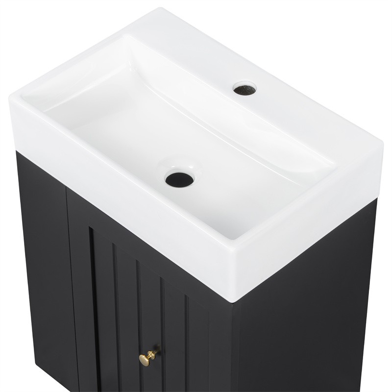 20″ Bathroom Vanity w/Ceramic Sink Black Storage Cabinet with Drawer,Side Shelf