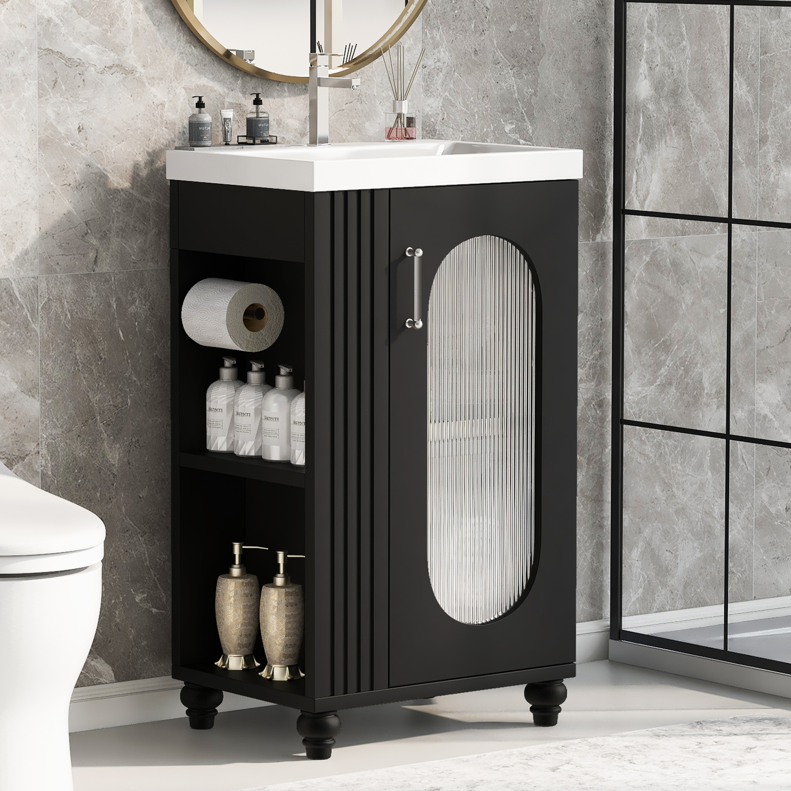 20″ Bathroom Vanity with Sink, Bathroom Vanity Cabinet with Two-tier Shelf Black