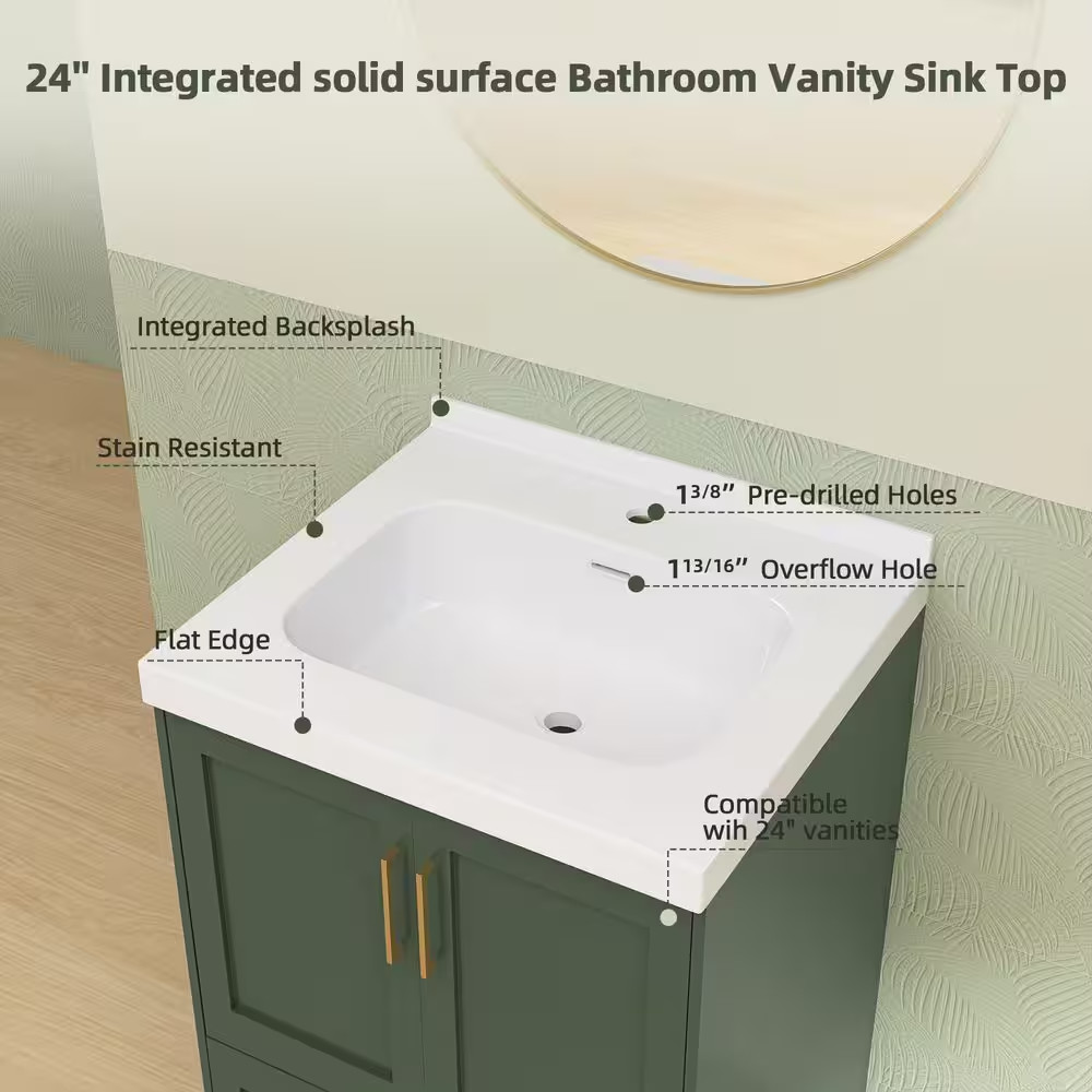 24 In. W X 22 In. D Solid Surface White Rectangular Single Sink Bath Vanity Top