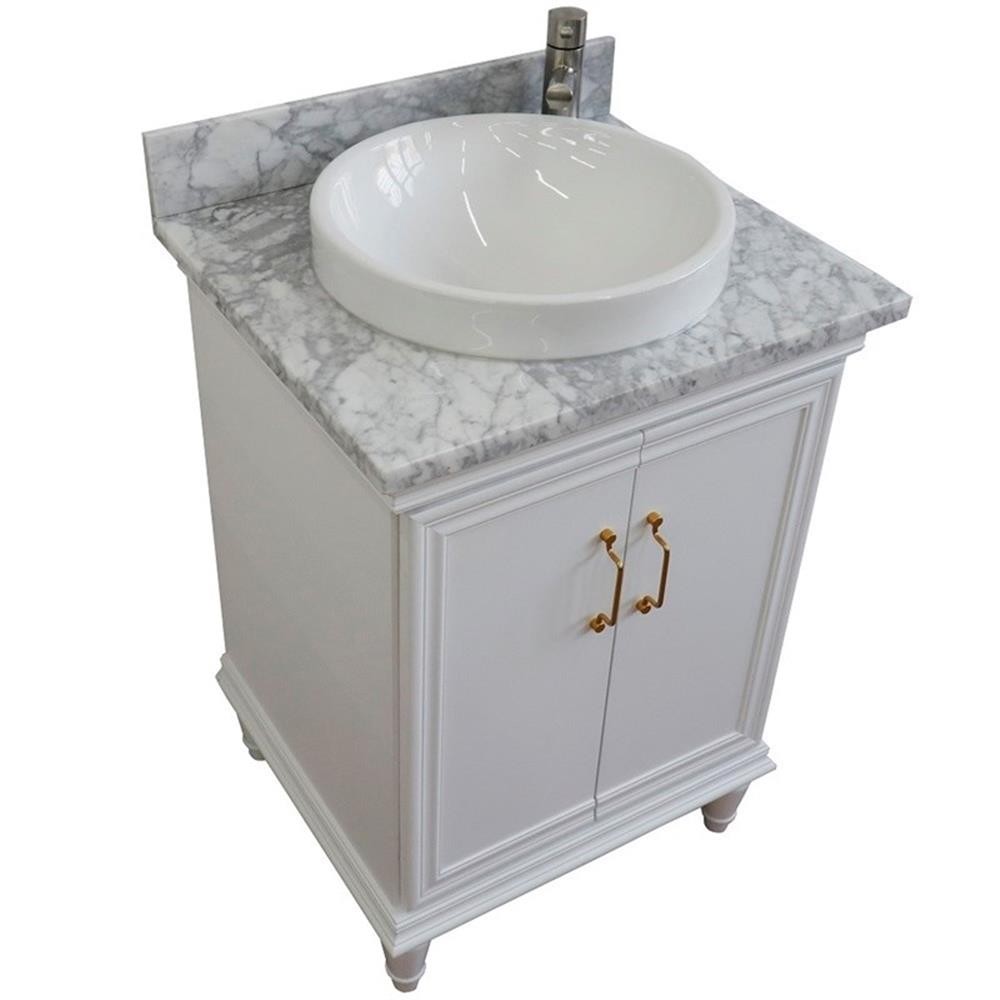 25 in. Single Wooden Vanity White with White Carrara Round Sink