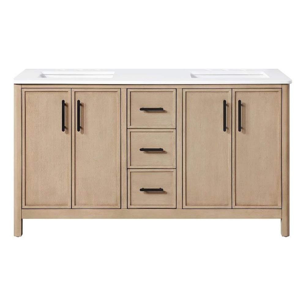 Solas 60″ Double Bathroom Vanity in Sahara Birch with White Countertop