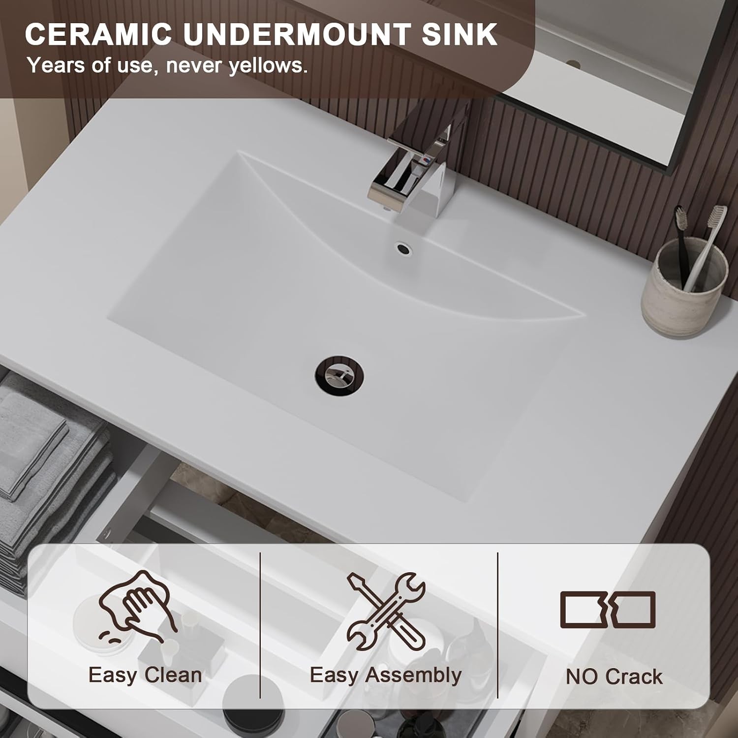 30 inch Floating Bathroom Vanity with Sink Space Saving Fluted Design for Small