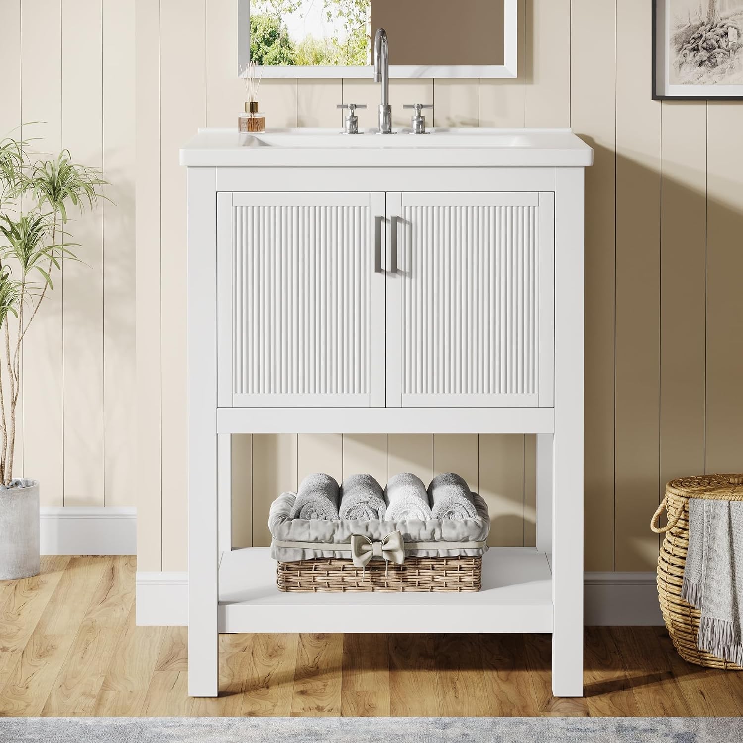 24inch Modern Bathroom Vanity Cabinet Storage with Sink Combo with 2 Doors White