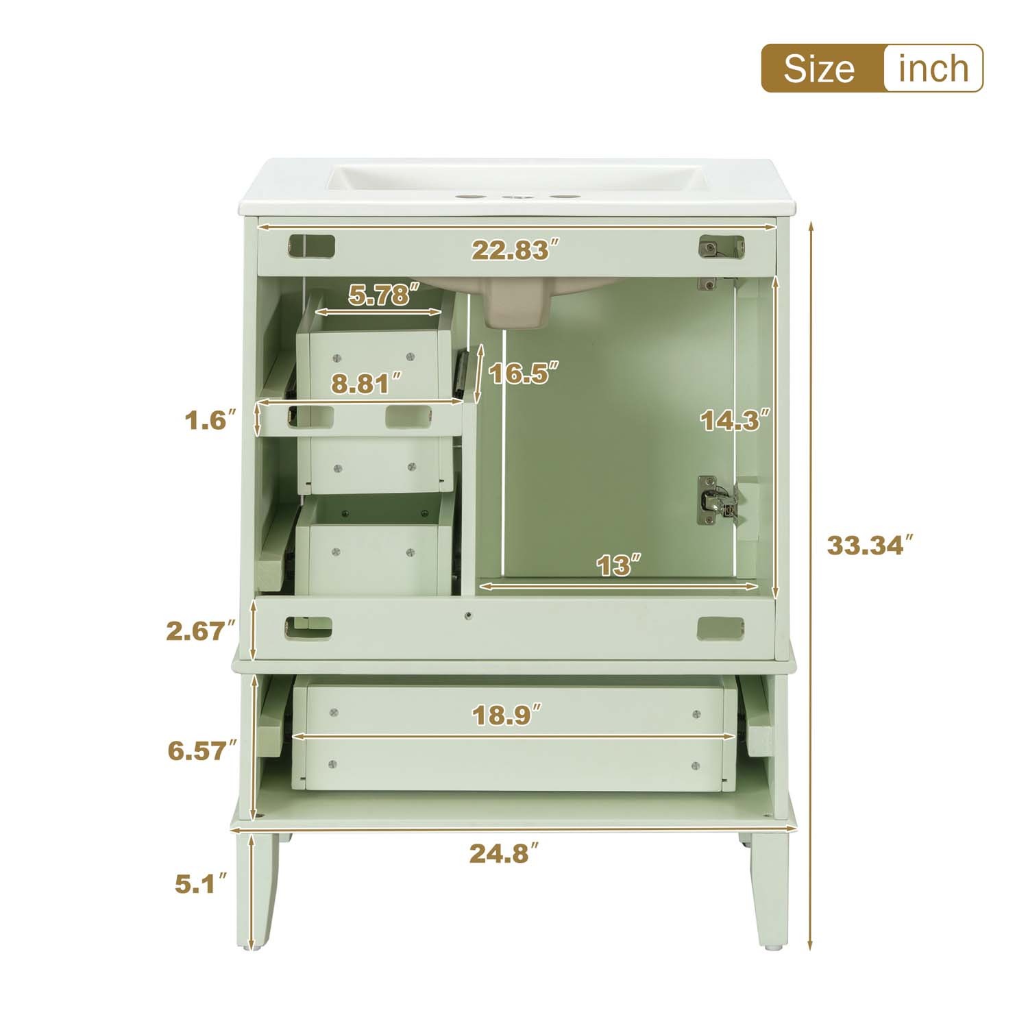 24.8″ Bathroom Vanity Freestanding White Green Hardwood Soft-Close 3 Drawer Sink