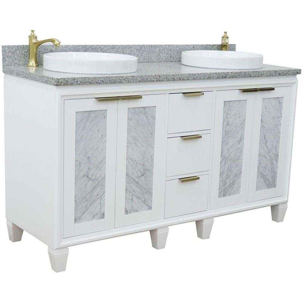 Pemberly Row 61″ Double Round Sink Solid Wood Vanity in White/Gray Granite Stone