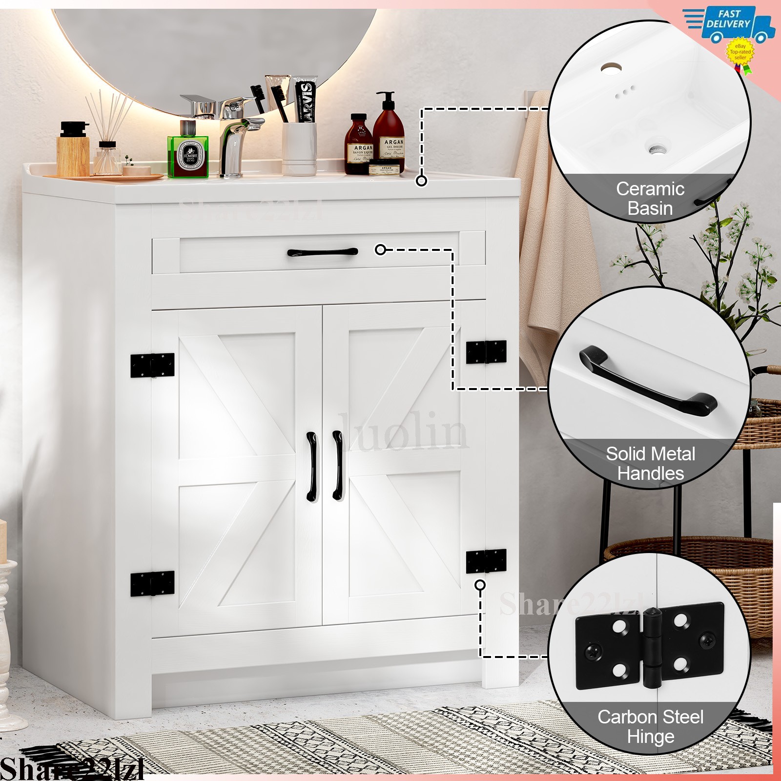31″ Bathroom Vanity Single Cabinet White Freestanding Cabinets Storage WITH Sink