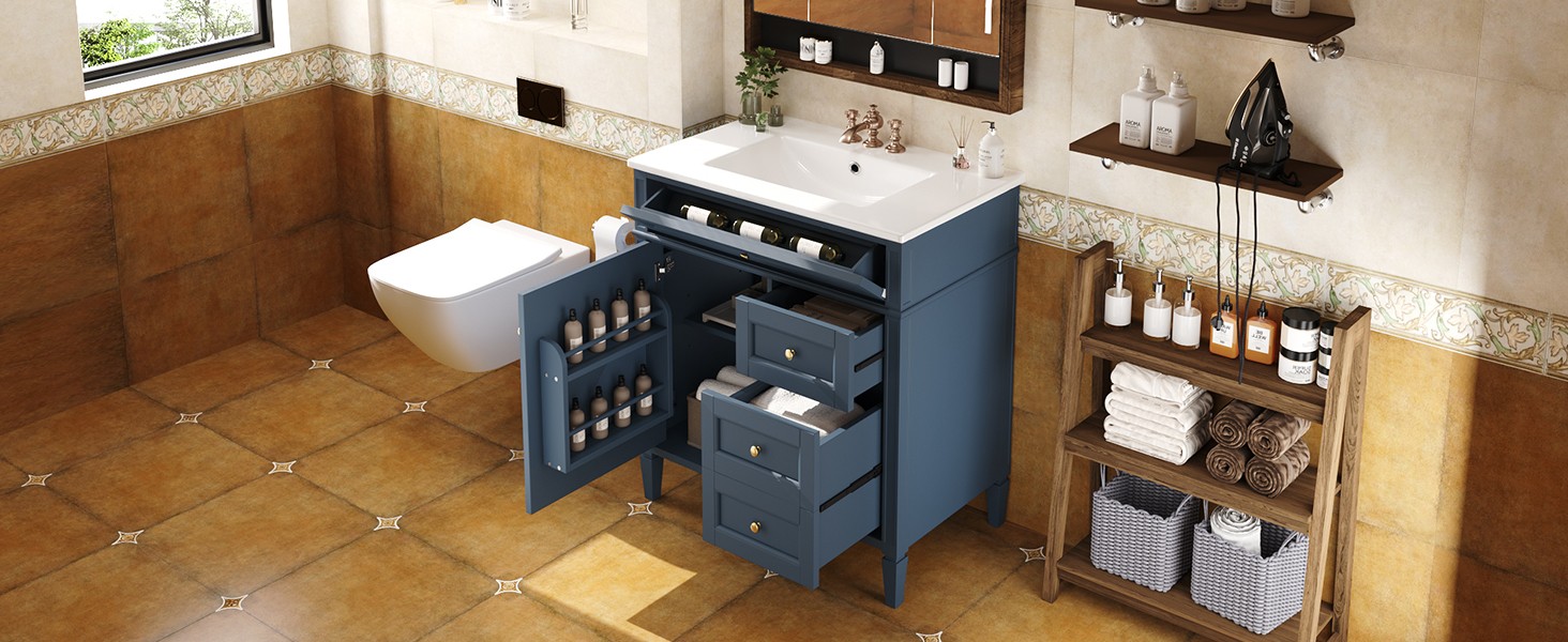 30″ Bathroom Vanity with Sink, 2 Drawers & Tip-Out Drawer, Blue