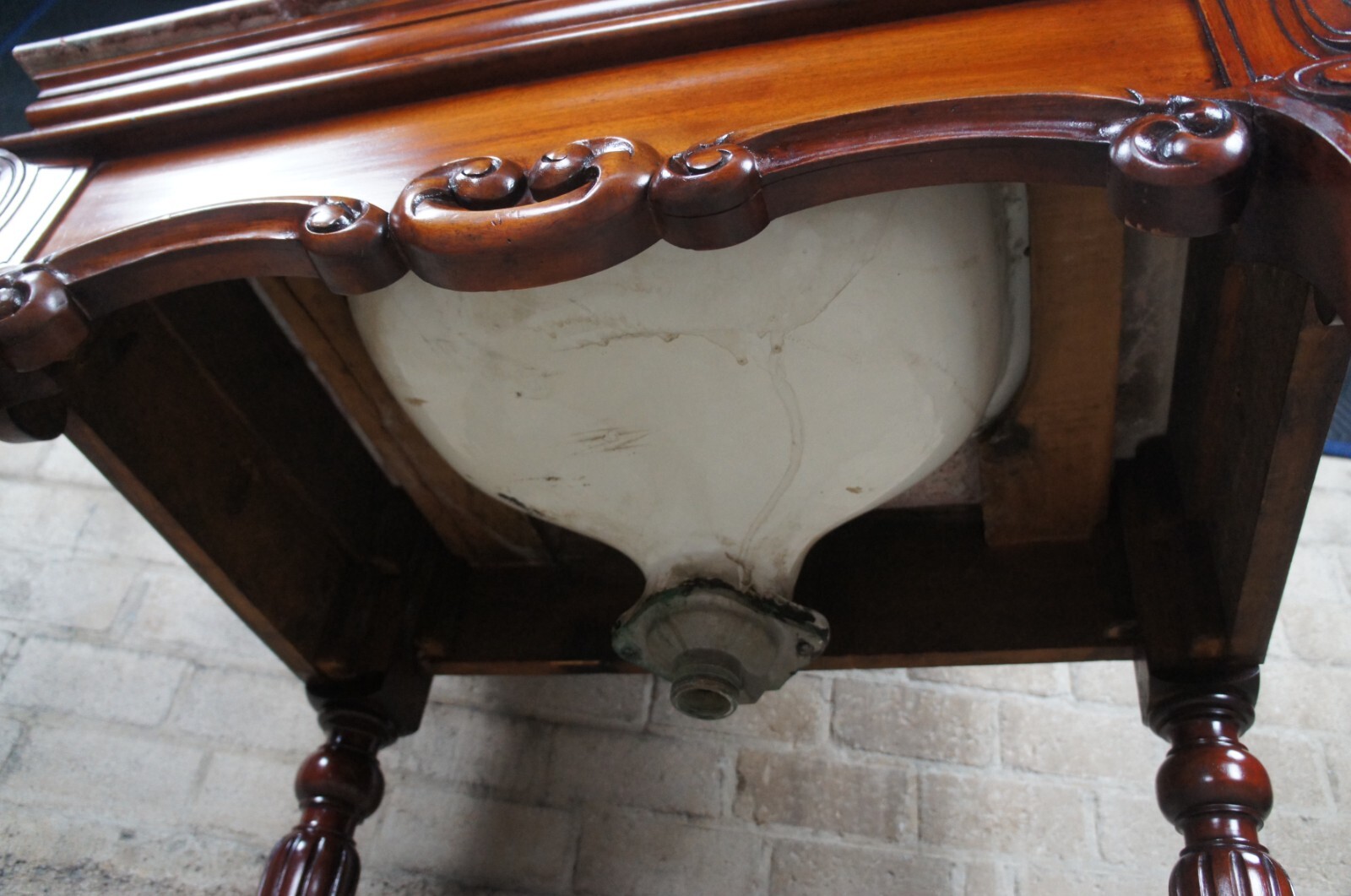 Rare Antique French Victorian Mahogany Marble Top Bathroom Vanity Porcelain Sink