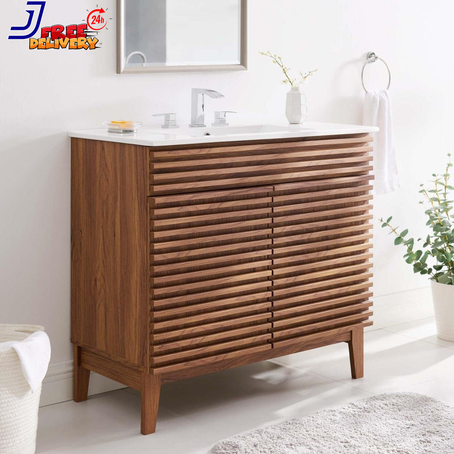36″ Walnut and White Bathroom Vanity Stylish and Functional Design NEW