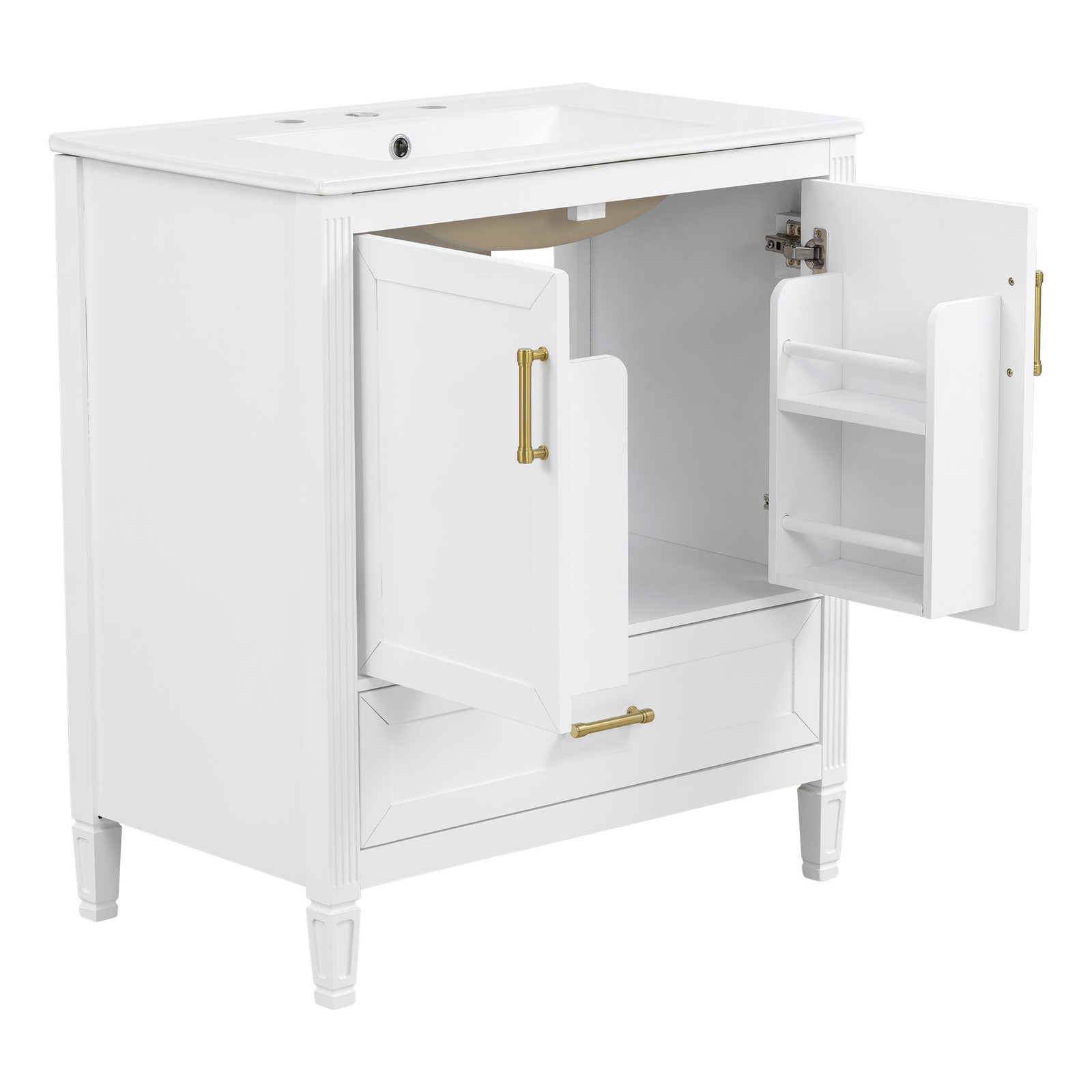 30″ White Fluted Bathroom Vanity with Ceramic Sink, Soft-Close