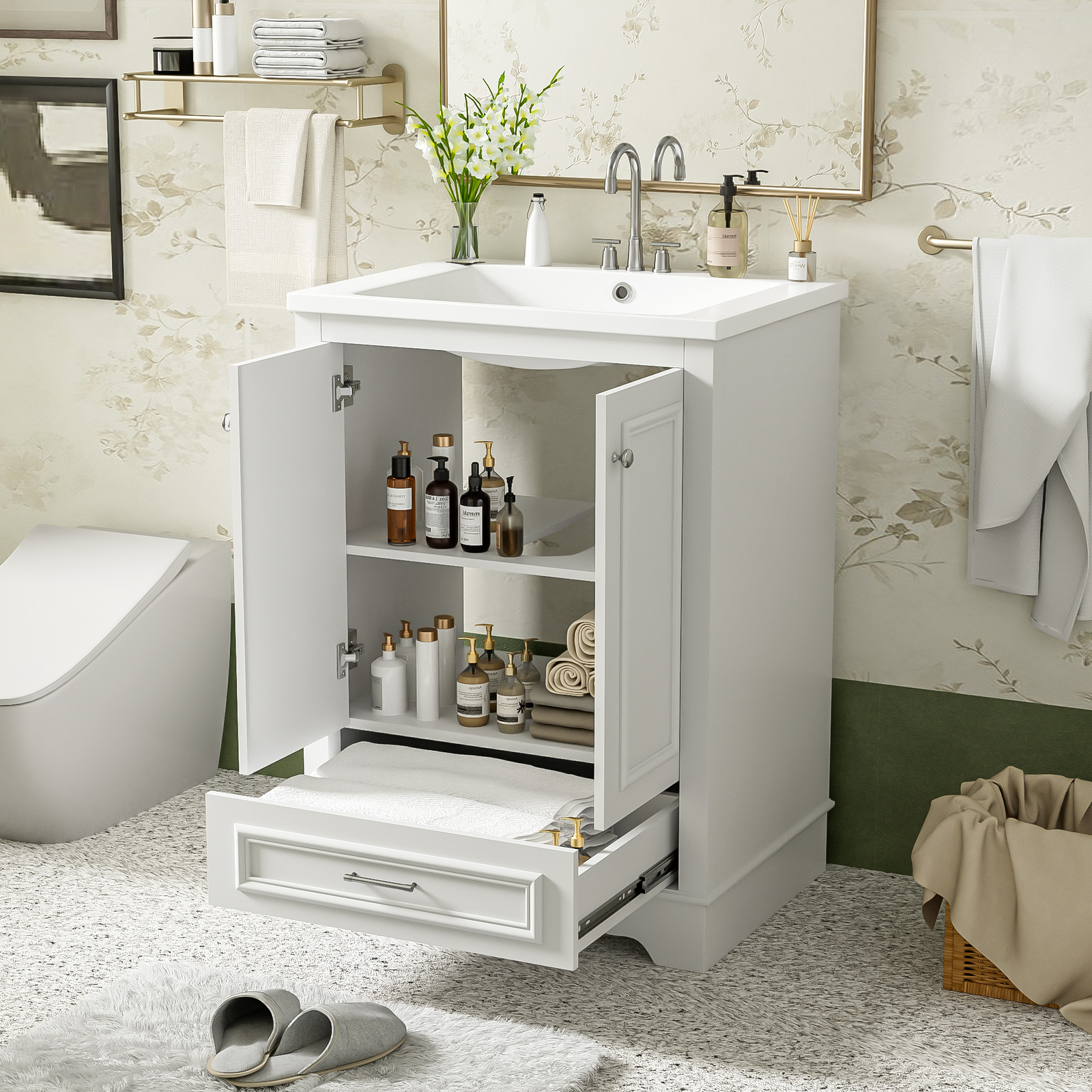 24” Bathroom Vanity w/Ceramic Sink Combo, Modern Freestanding Storage Cabinet