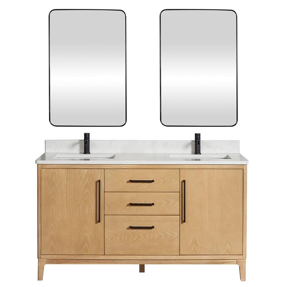 Gara 60M” Double Bath Vanity in Washed Ash Grey w/White Grain Composite & Mirror