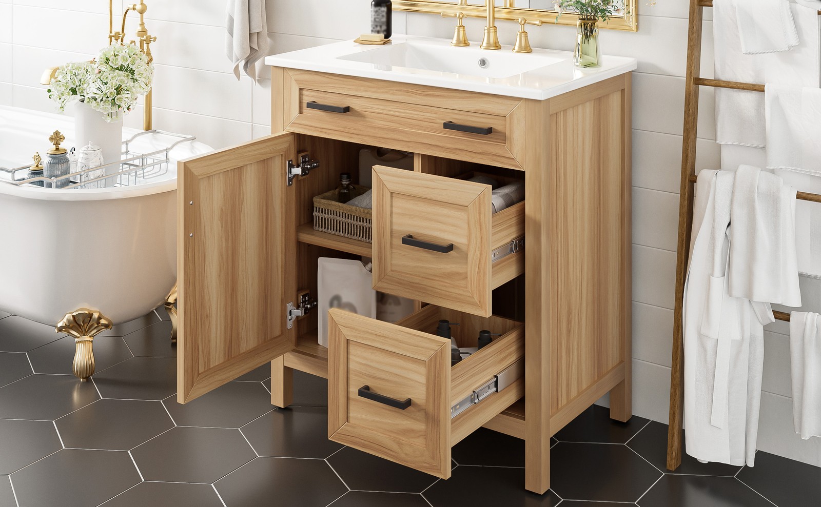 30″ Bathroom Vanity Solid Wood Frame W/Soft Close Door 2 Drawers Storage Cabinet