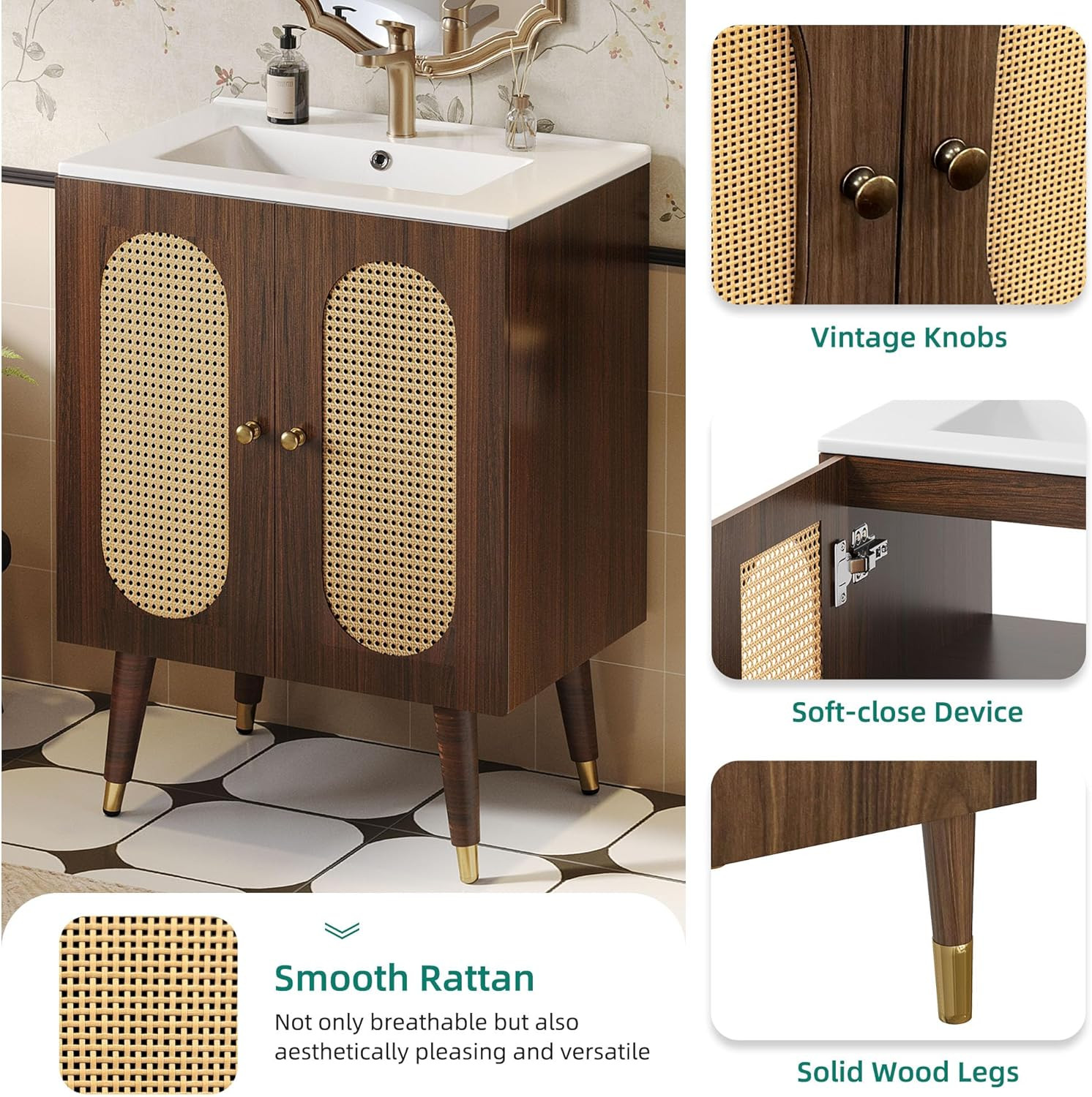 24″ Walnut Rattan Bathroom Vanity with Sink & Soft-Close Doors, Boho Style