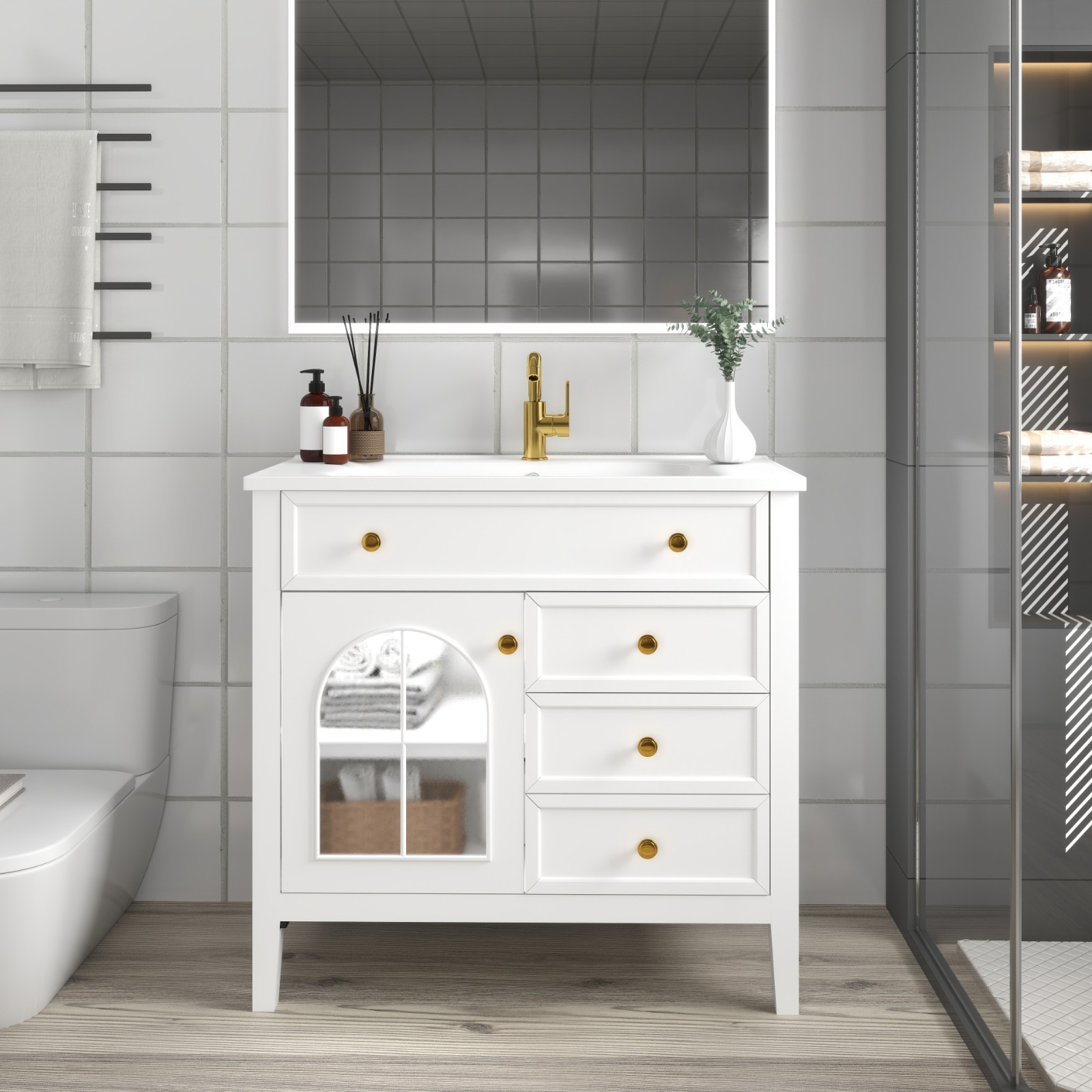 35.6″ Bathroom Vanity Storage Cabinet w/ Ceramic Sink Glass Motion Sensor Light