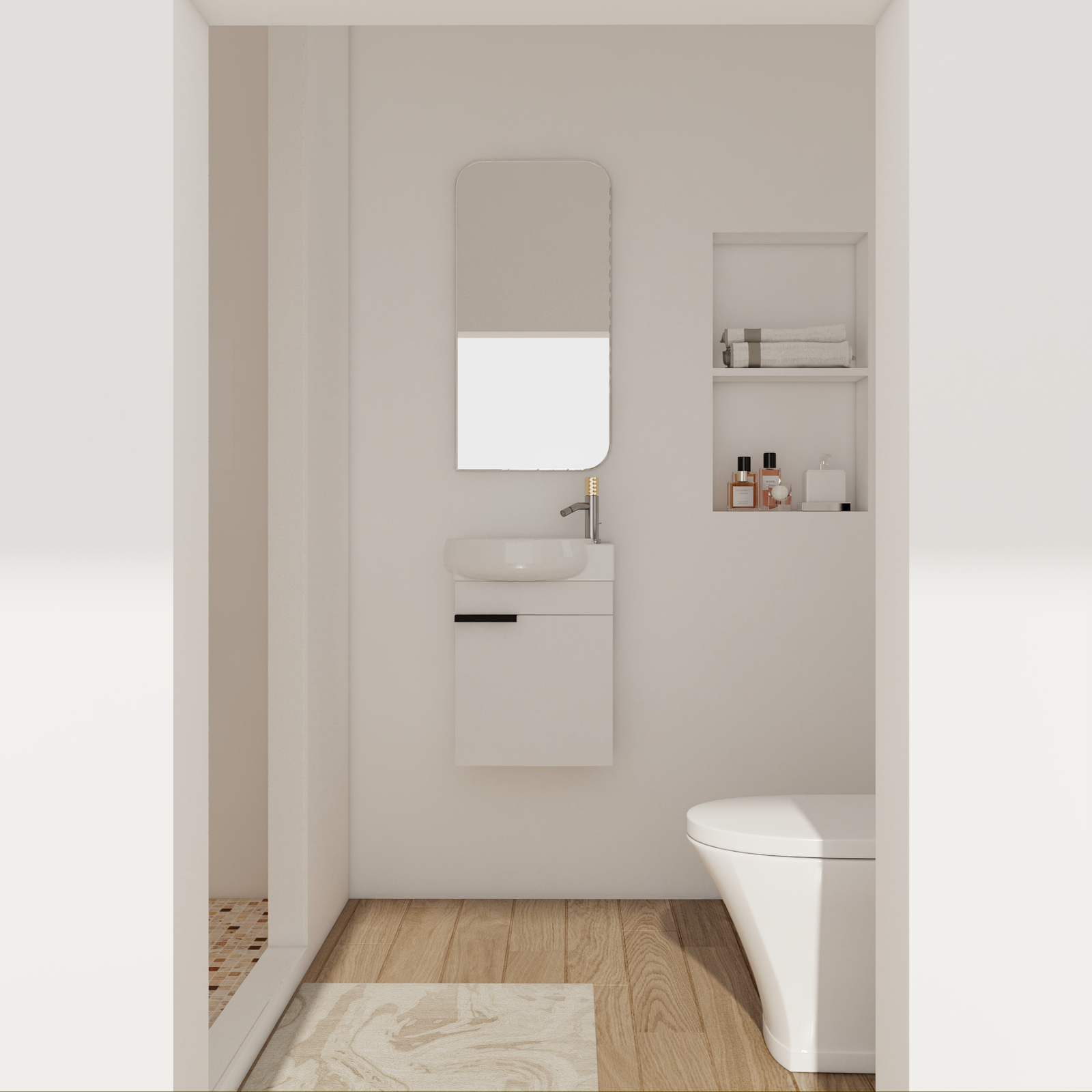 16″ Wood Floating Wall Mounted Bathroom Vanity +Round Sink for Small Space White