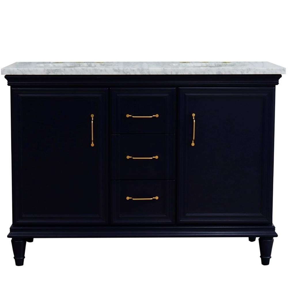 49 in. Double Wooden Vanity Blue with White Carrara Oval Sink