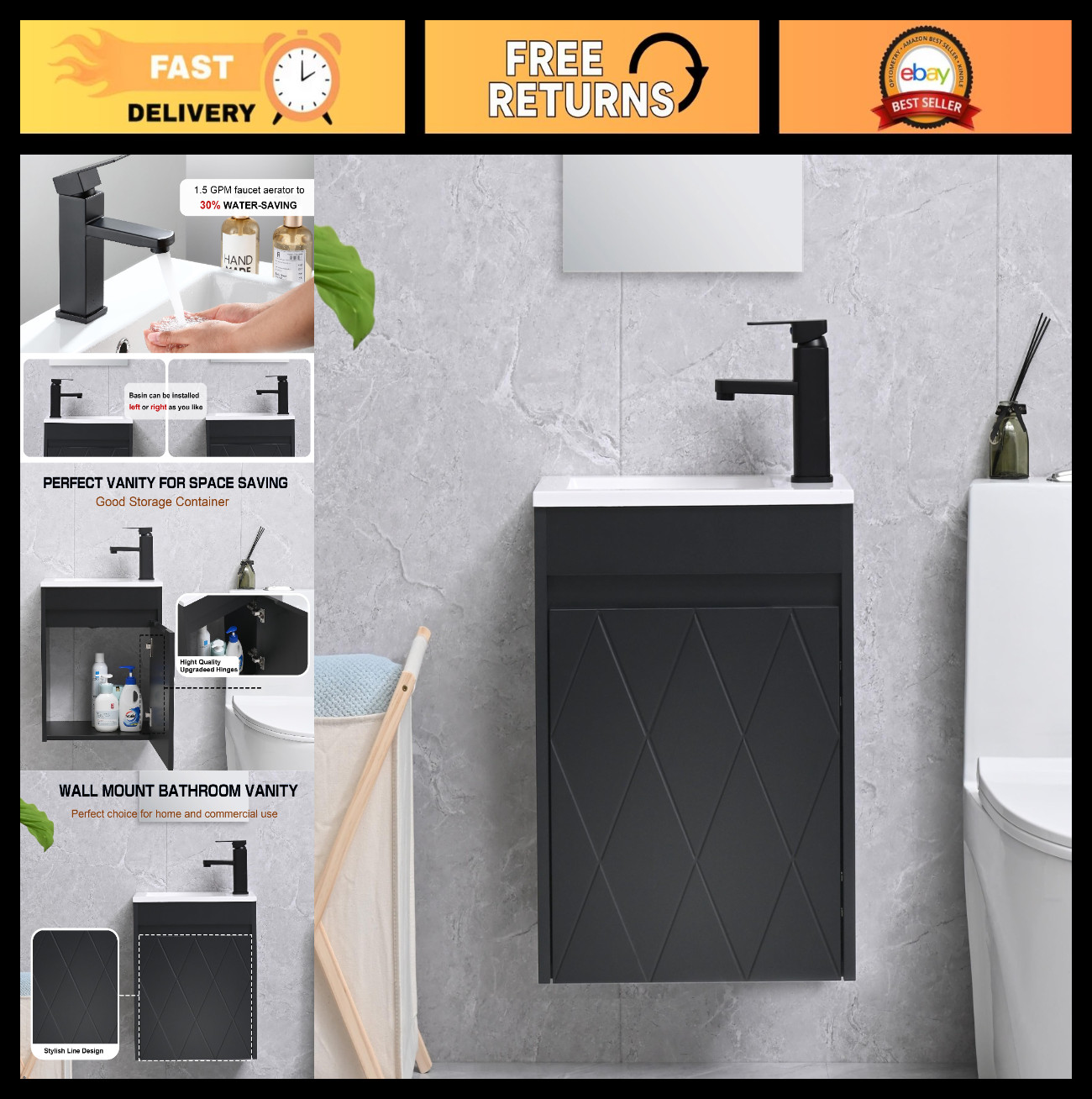 16″ Wall Mounted Bathroom Vanity Sink Combo, Small Space Cabinet Set, Black Fauc