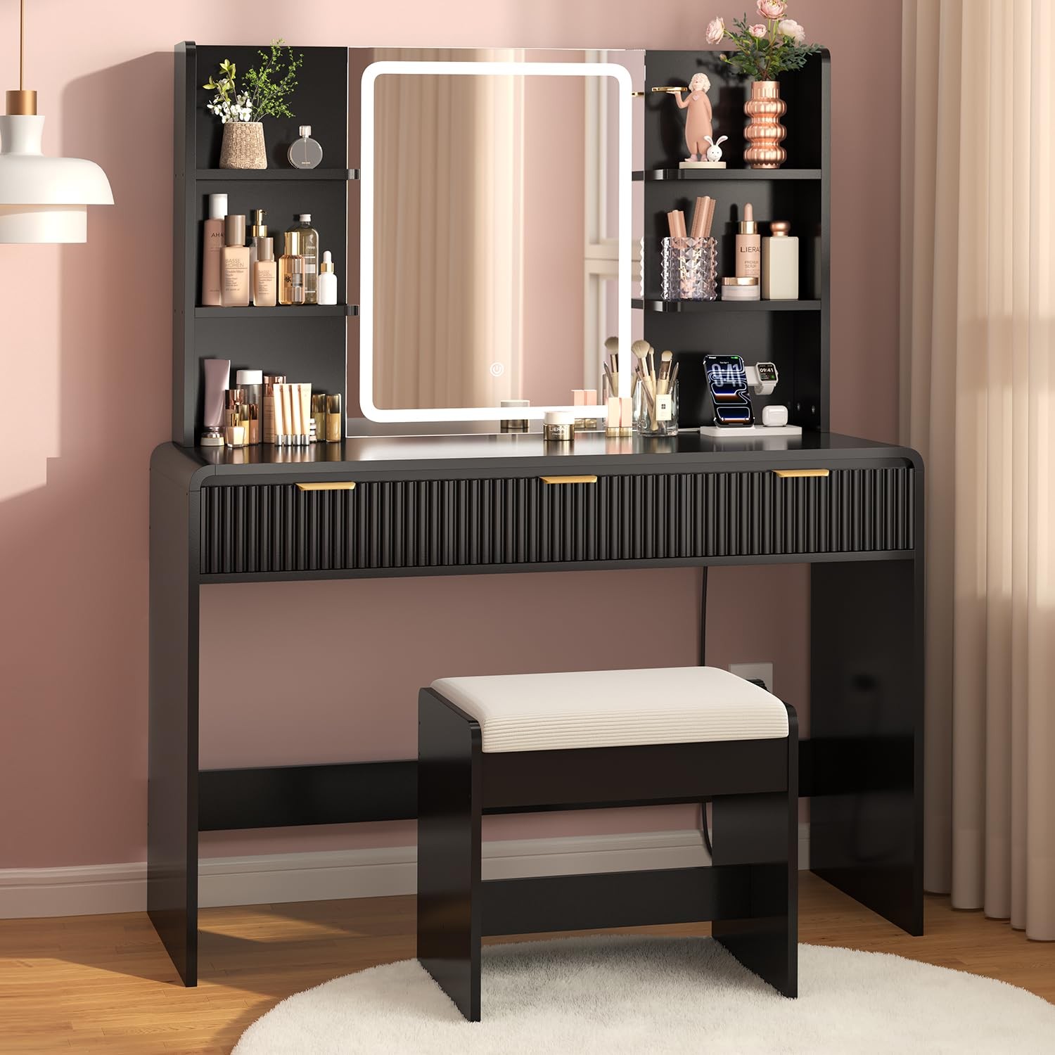 Fluted Vanity Desk with Mirror & Lights, Stool, Power Outlet Black