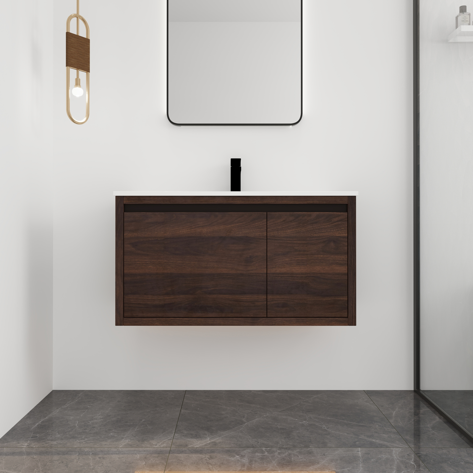 36″Bathroom Vanity Cabinet Wall Mounted Floating Vanity /Sink Basin Walnut Color