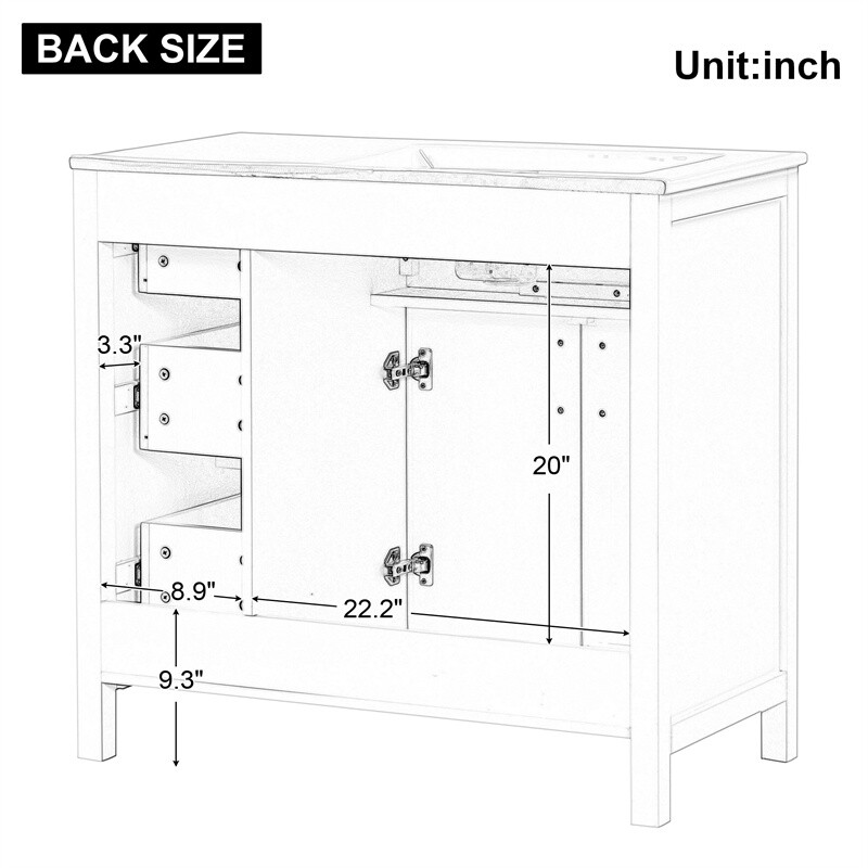 36″ White Bathroom Vanity w/Ceramic Sink Bathroom Cabinet w/2 Doors & 3 Drawers