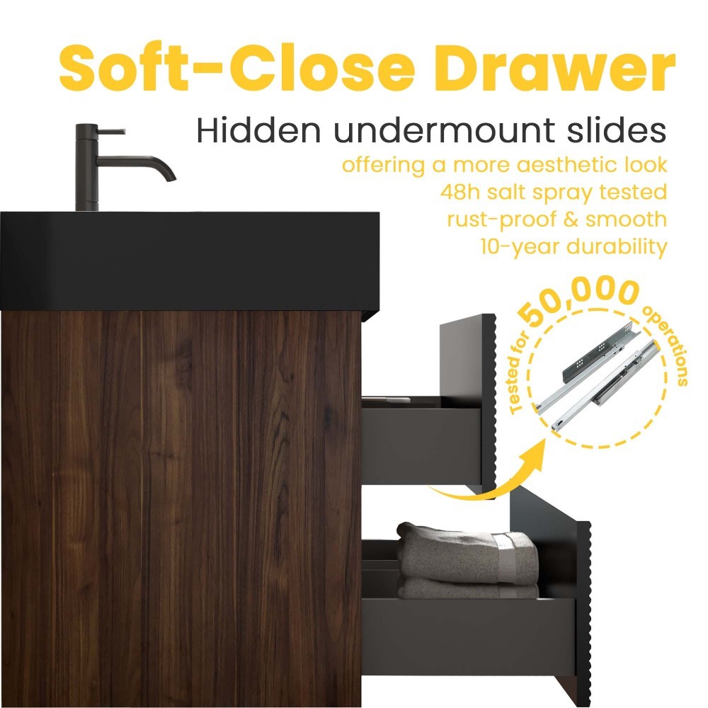 48″ Walnut Bathroom Vanity with Matt Black Engineered Quartz Sink and Soft Black