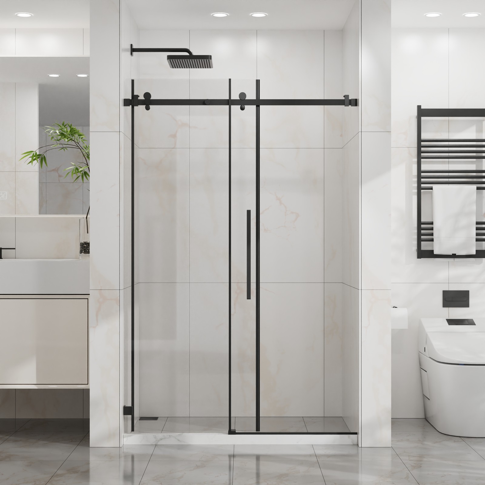 48″ W x 72″ H Sliding Shower Door, Frameless Sleek Glass Shower Door Matte Black