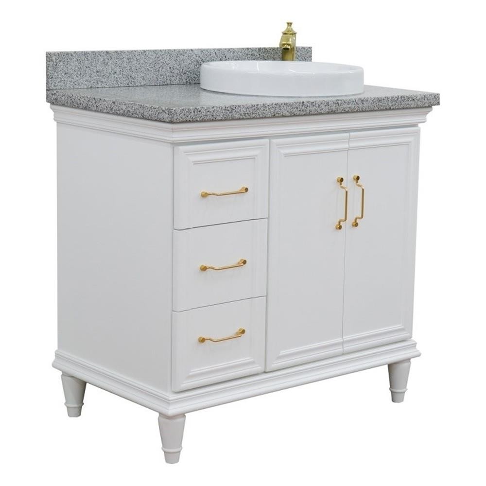 37 in. Single Wooden Vanity White Gray Granite Round Right Door.Right Sink