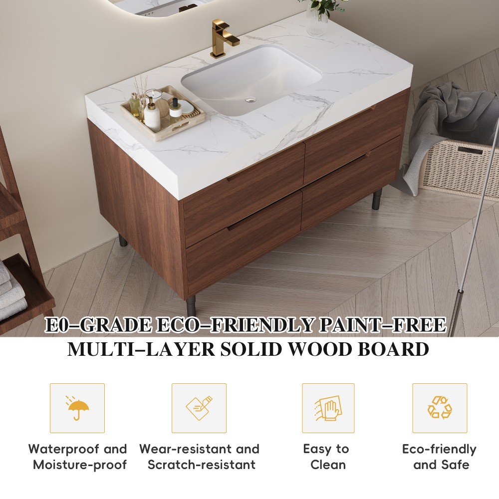 35.4″ Farmhouse Bathroom Vanity w/Sintered Stone Top，4 Drawers，Wall/Floor Mount