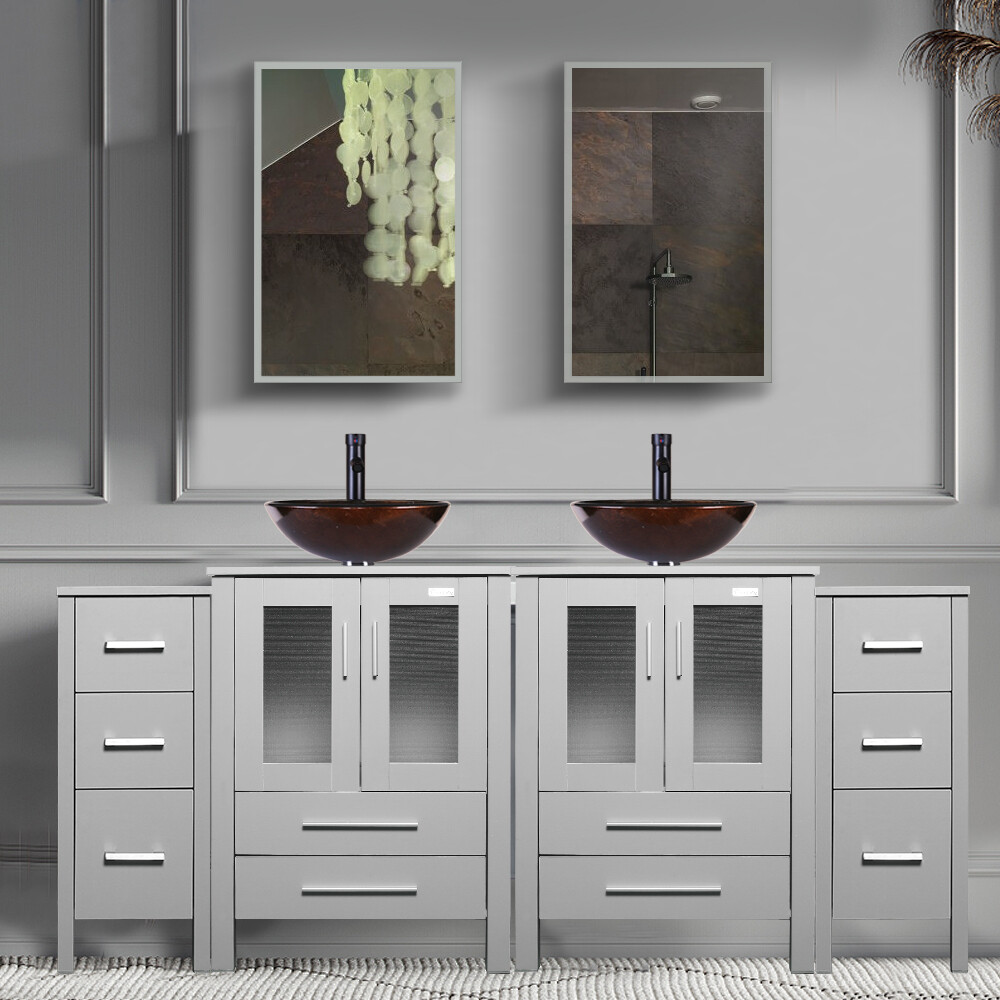72″ Gray Bathroom Vanity Vessel Sink Set Small Cabinet Faucet Combo No Mirror