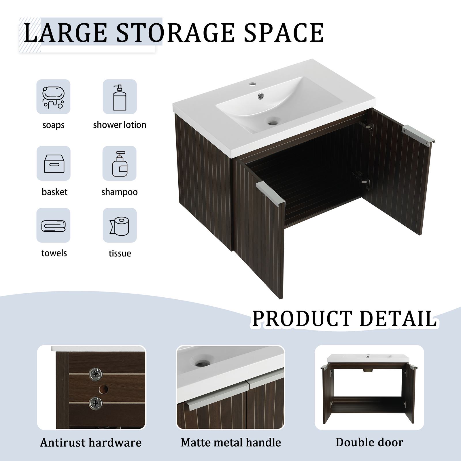72″ Wooden Floating Bathroom Vanity with Dual Sink Basin Doors /Storage Shelves