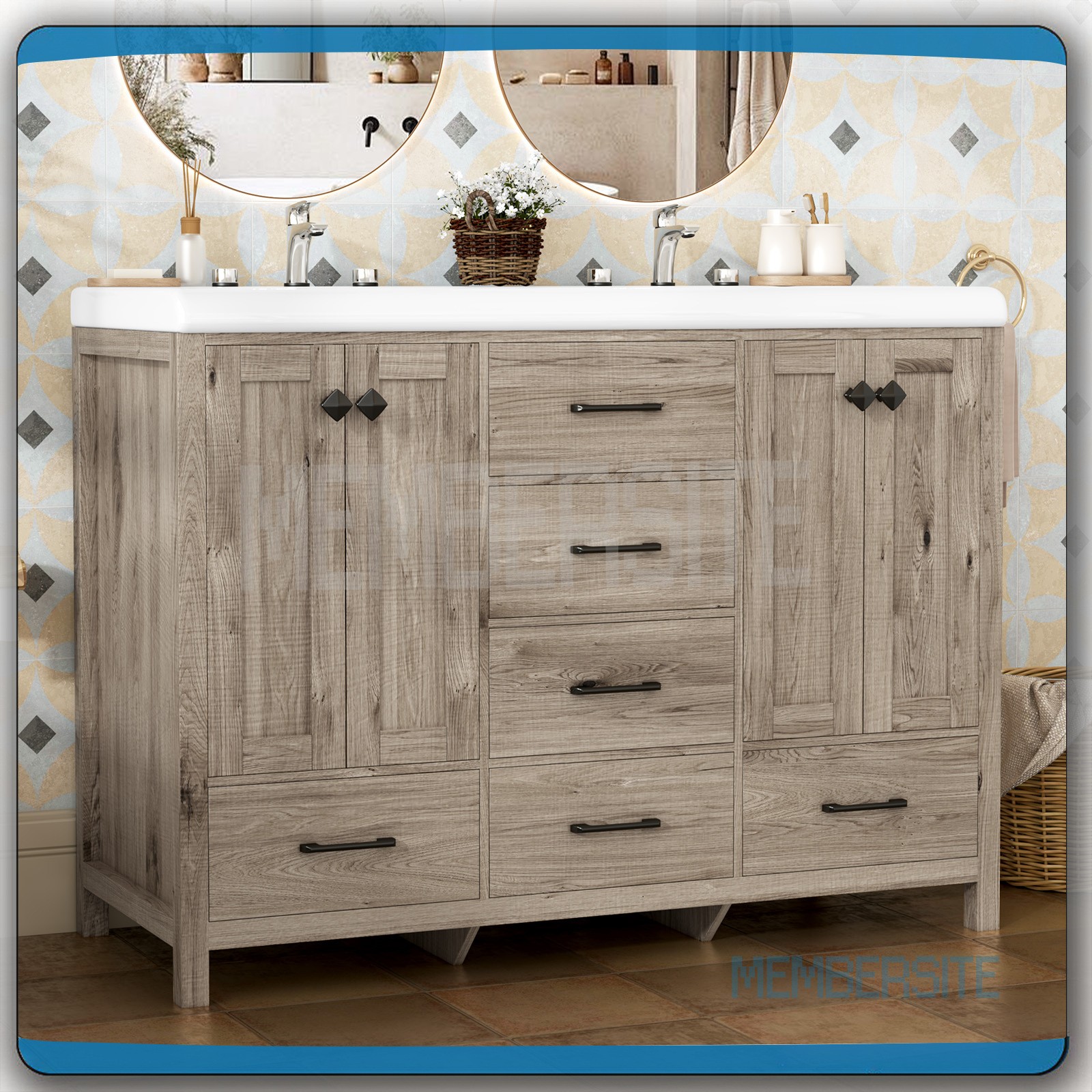 Bathroom Vanity 47.3″ Vanity Top w/Double Sink Ceramic & Drawers Freestanding