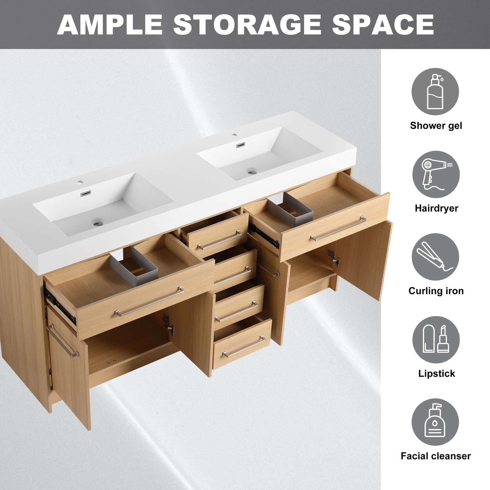 72 in Plywood Bathroom Vanity Freestanding W/Double Resin Sink+4 Doors 6 Drawers